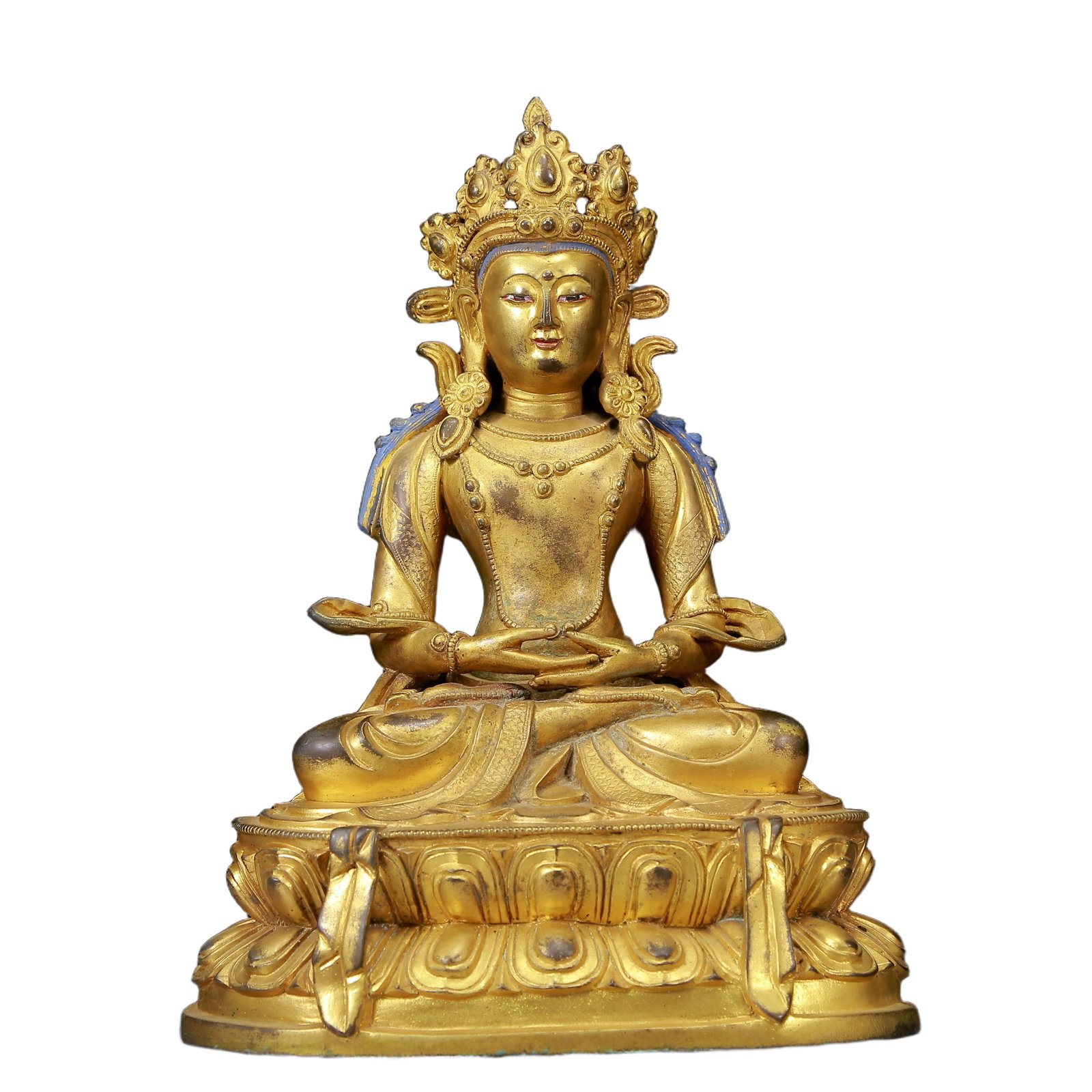 A Solemn Gilt Bronze Statue of Amitayus: A Solemn Gilt Bronze Statue of Amitayus,Ming Dynasty, China,Size:7.9inx5.9inx11in,Weight:5140g 铜鎏金无量寿佛像，明代