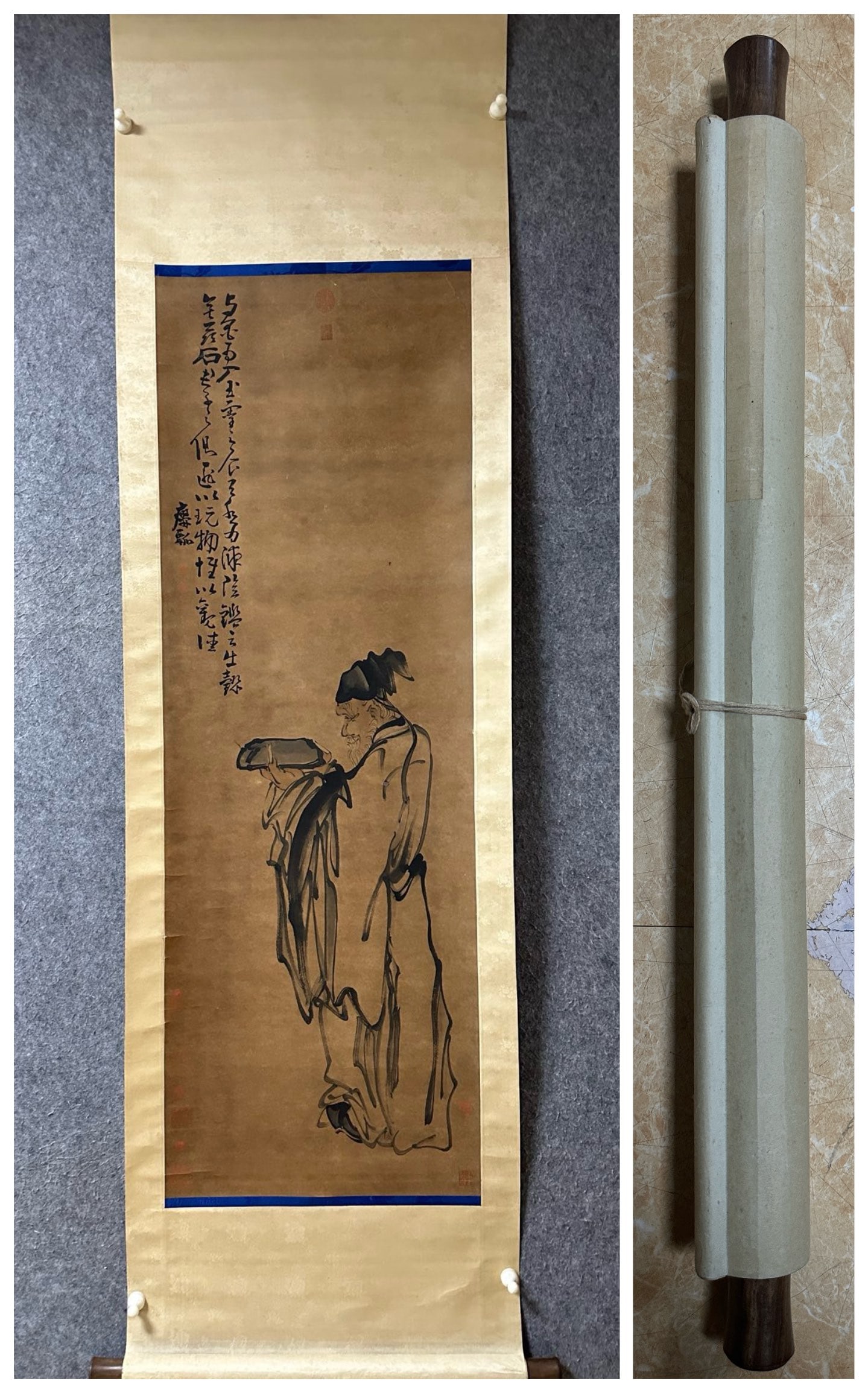 An Exquisite Chinese Vertical Scroll Ink Painting of Figure on Paper: An Exquisite Chinese Vertical Scroll Ink Painting of Figure on Paper,Huang Shen,Size:53.1inx18.1in 一幅中国水墨人物画立轴,黄