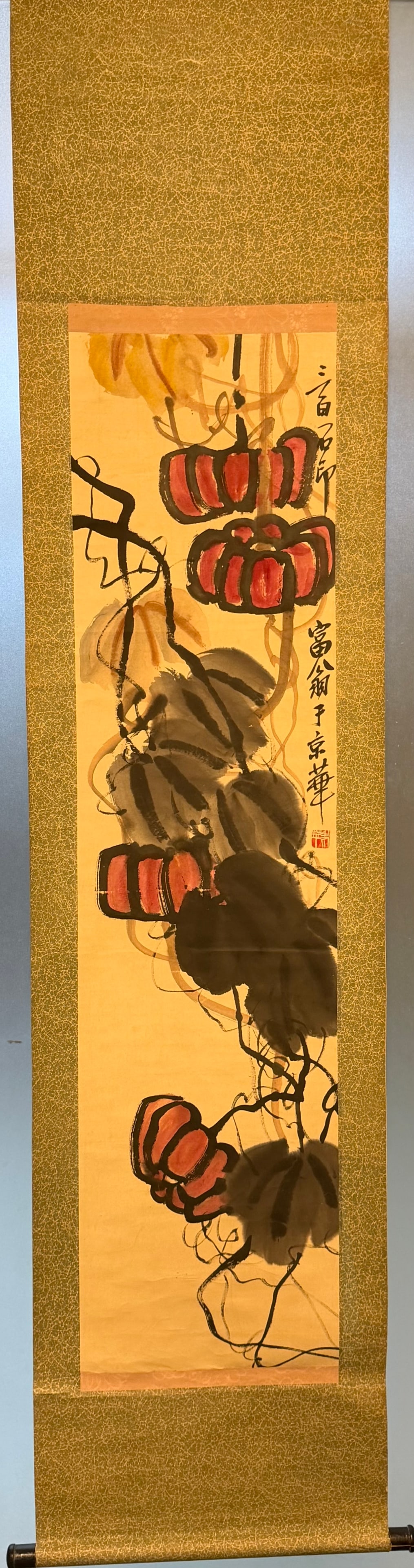 A Chinese Vertical Scroll Ink Painting of Pumpkin on Paper: A Chinese Vertical Scroll Ink Painting of Pumpkin on Paper,Qi Baishi,Size:53.5inx13.8in