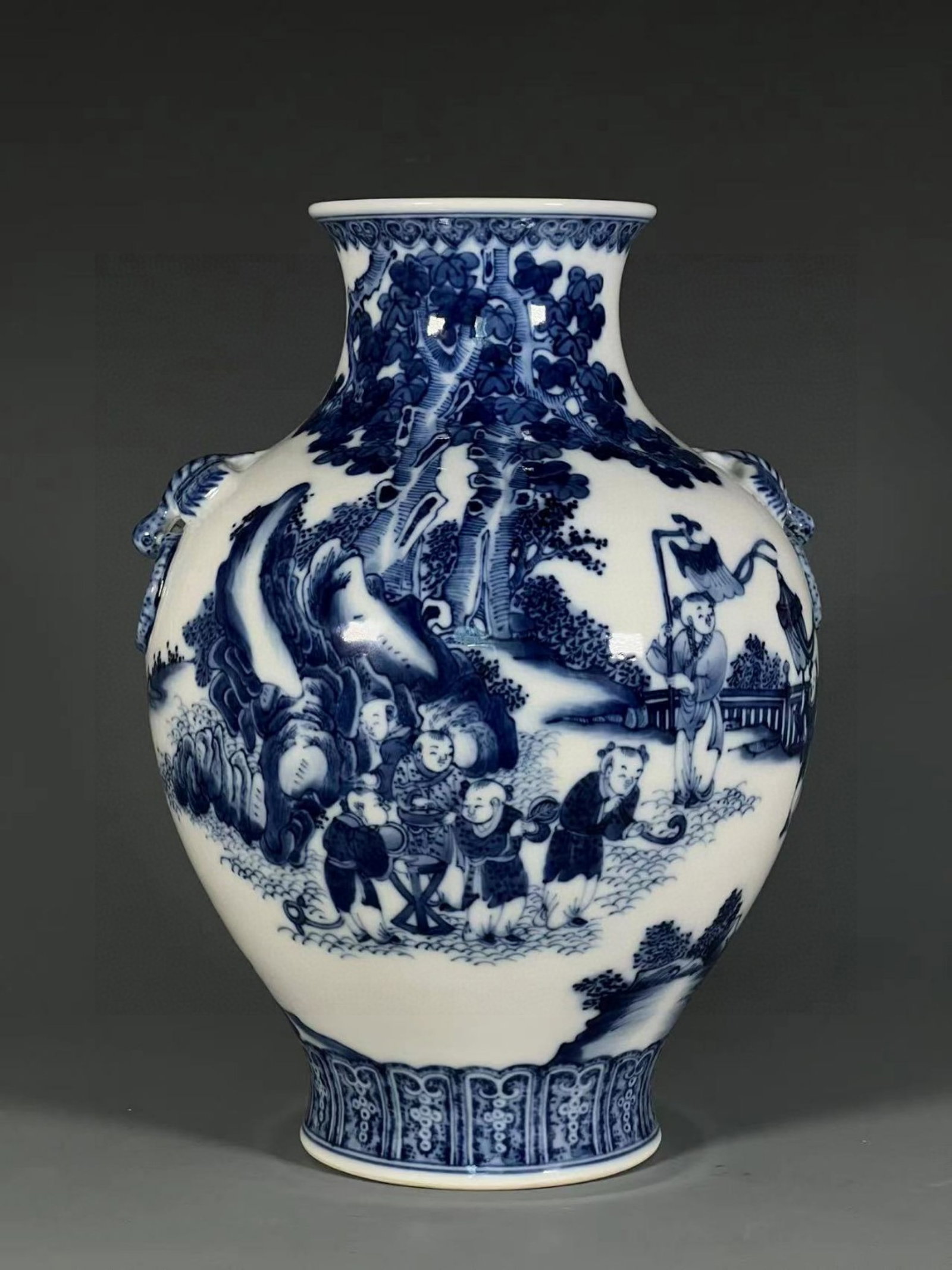 An Exquisite Blue and White Character and Story Pattern Beast-Ears Vase: An Exquisite Blue and White Character and Story Pattern Beast-Ears Vase,Qing Dynasty,China,Qianlong Six-character Mark,Size:10.8inx4.1in