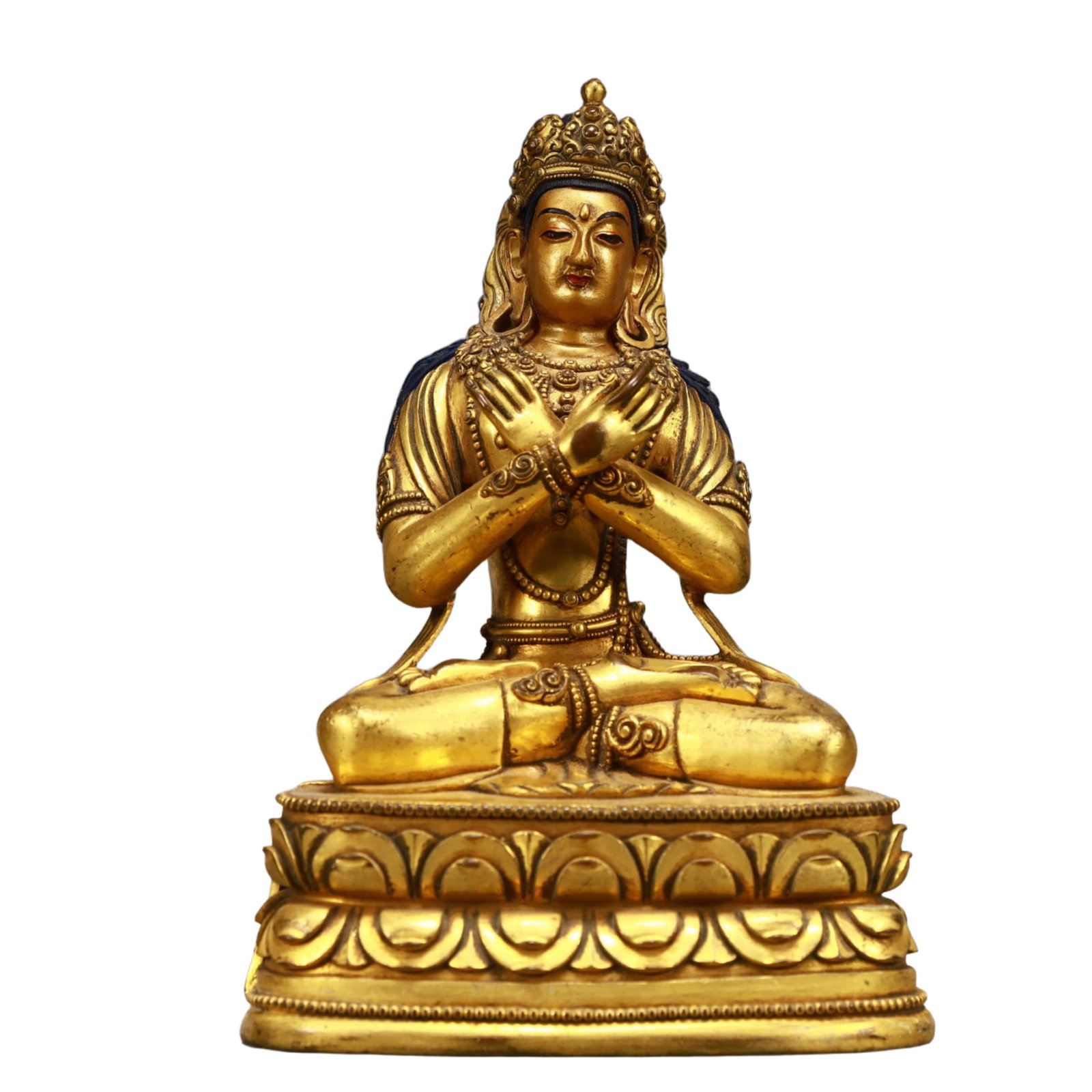 A Solemn Gilt Bronze Statue of Avalokitesvara: A Solemn Gilt Bronze Statue of Avalokitesvara,Ming Dynasty, China,Size:5.5inx3.9inx8.3in,Weight:2150g 铜鎏金观音像,中国明代