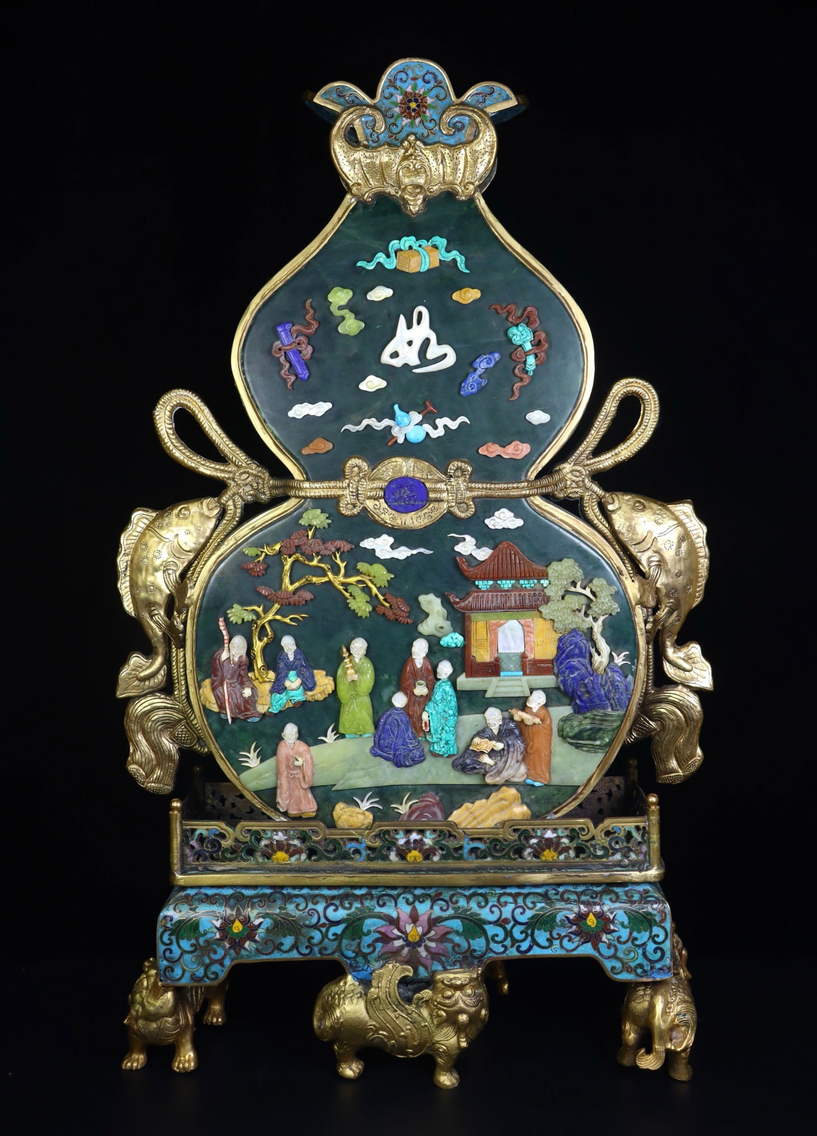 An Exquisite Cloisonne Inlaid Jasper Character and Story Pattern Gourd-Shaped Ornament,Inlaid Gems: An Exquisite Cloisonne Inlaid Jasper Character and Story Pattern Gourd-Shaped Ornament,Inlaid Gems,Qing Dynasty,China,Qianlong Four-character Mark,Size:4.7inx14.2inx23in,Weight:7500g 掐丝&