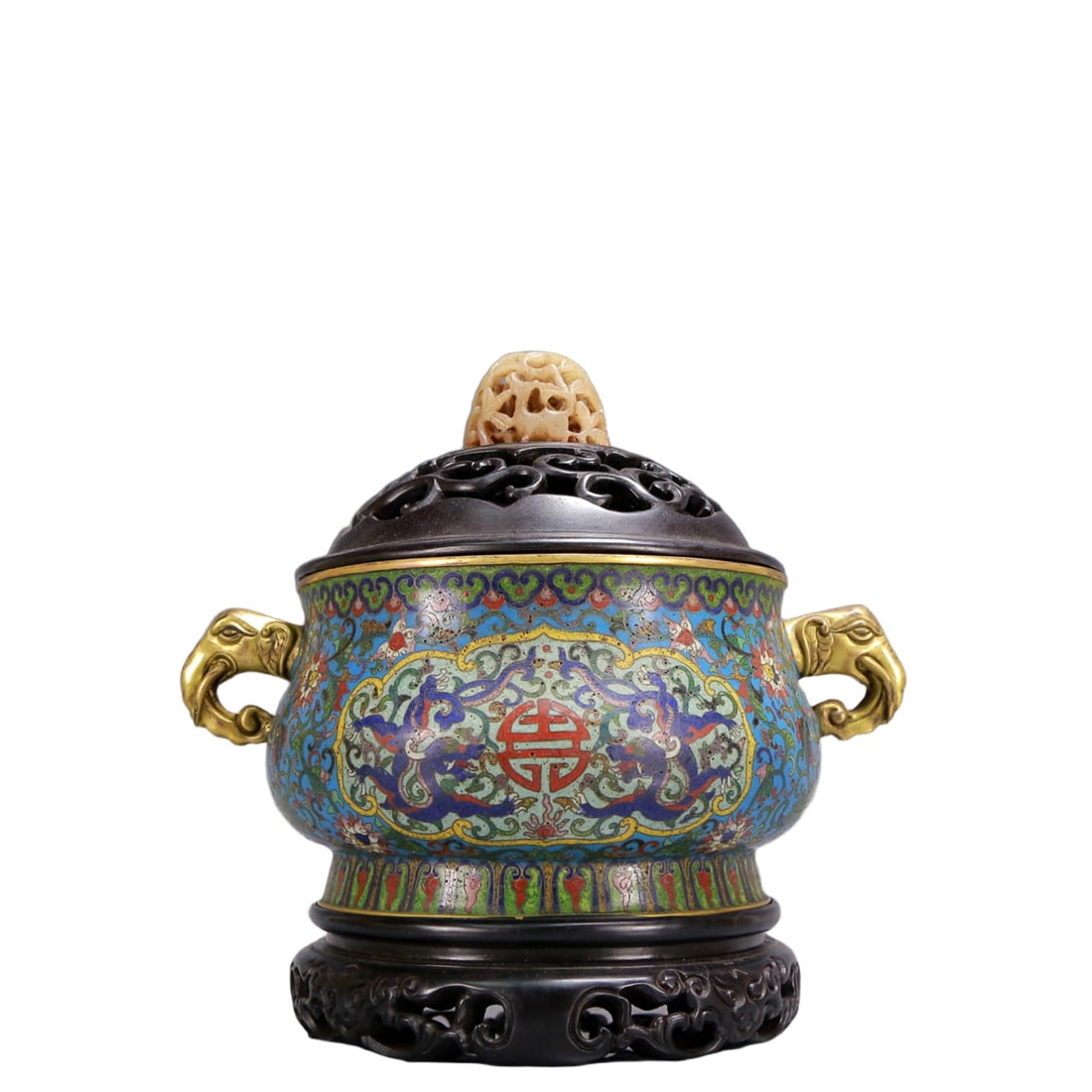 An Archaic Cloisonne Lotus and Dragon Pattern Elephant-Ears Censer,with Zitanwood Inlaid White Jade: An Archaic Cloisonne Lotus and Dragon Pattern Elephant-Ears Censer,with Zitanwood Inlaid White Jade Cover,Qing Dynasty, China,Qianlong Four-character Mark,Size:9.8inx6.7inx9.1in,Weight:2150g 景&