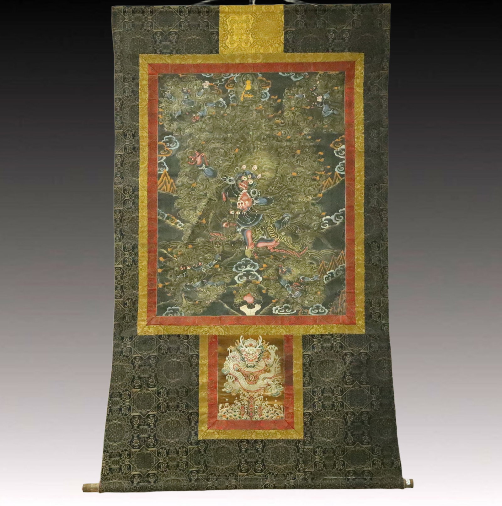 A Rare Brocade Painted Color Statue of Vajra Tangka: A Rare Brocade Painted Color Statue of Vajra Tangka,Qing Dynasty, China,Size:39inx63.4in 织锦彩绘金刚像唐卡,中国清代