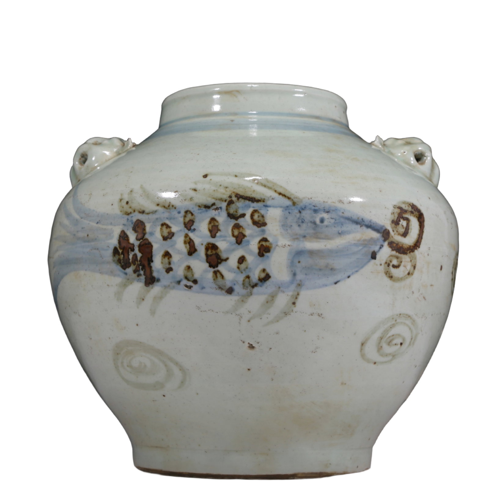 An Elaborate Blue And White Copper-Red 'Fish' Beast-Handled Korean Jar (1 of 10)