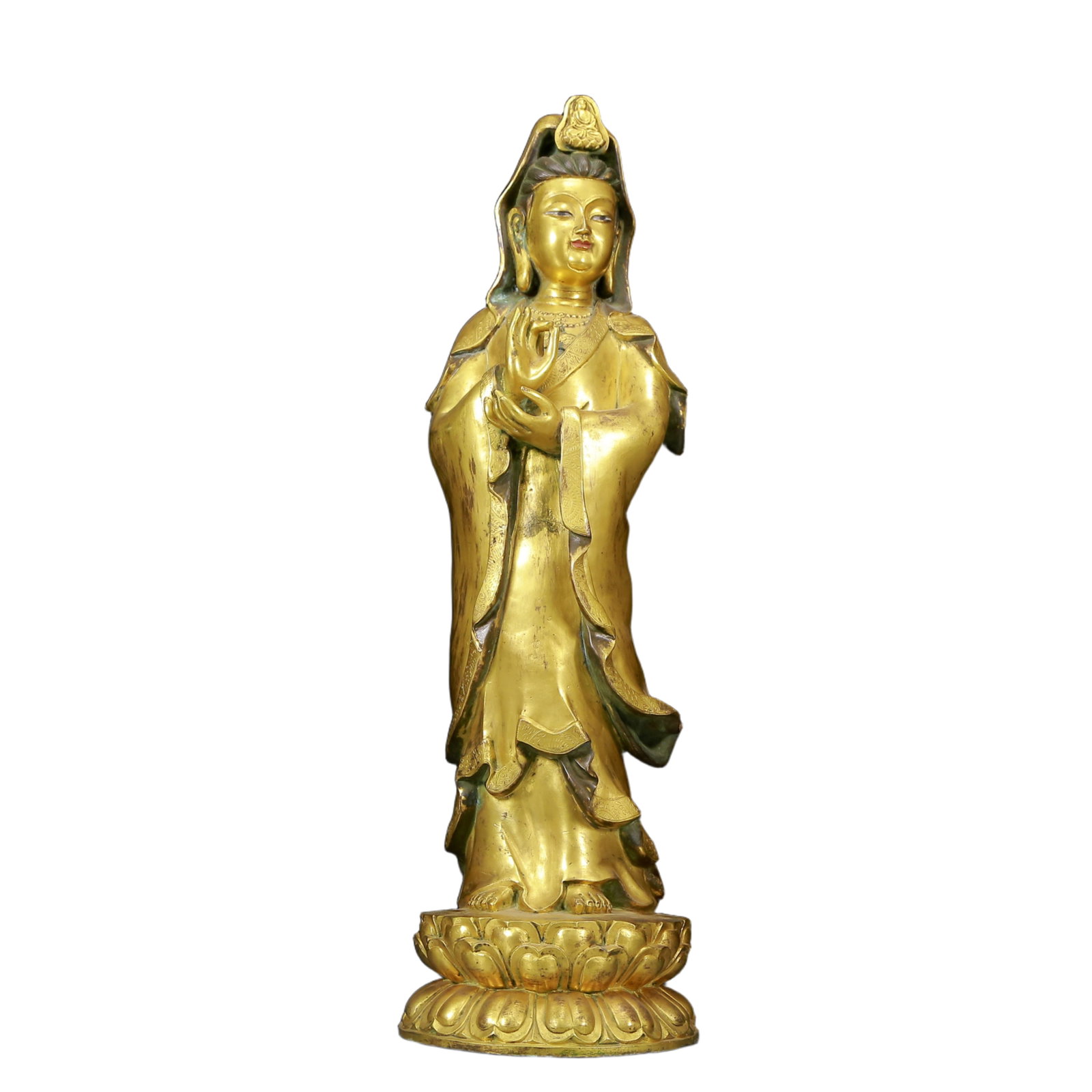 A Solemn Gilt Bronze Statue of Avalokitesvara: A Solemn Gilt Bronze Statue of Avalokitesvara,Ming Dynasty, China,Size:5.9inx19.3in,Weight:6850g 铜鎏金观音像，明代