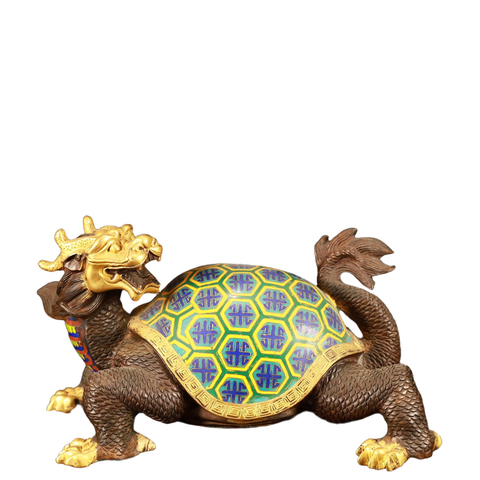 An Exquisite Cloisonne Dragon and Turtle Ornament: An Exquisite Cloisonne Dragon and Turtle Ornament,(A type of enamelware with metal wires separating colored glaze, originating in China),Qing Dynasty,China,Qianlong Four-character Mark,Size:8.7inx5.1i
