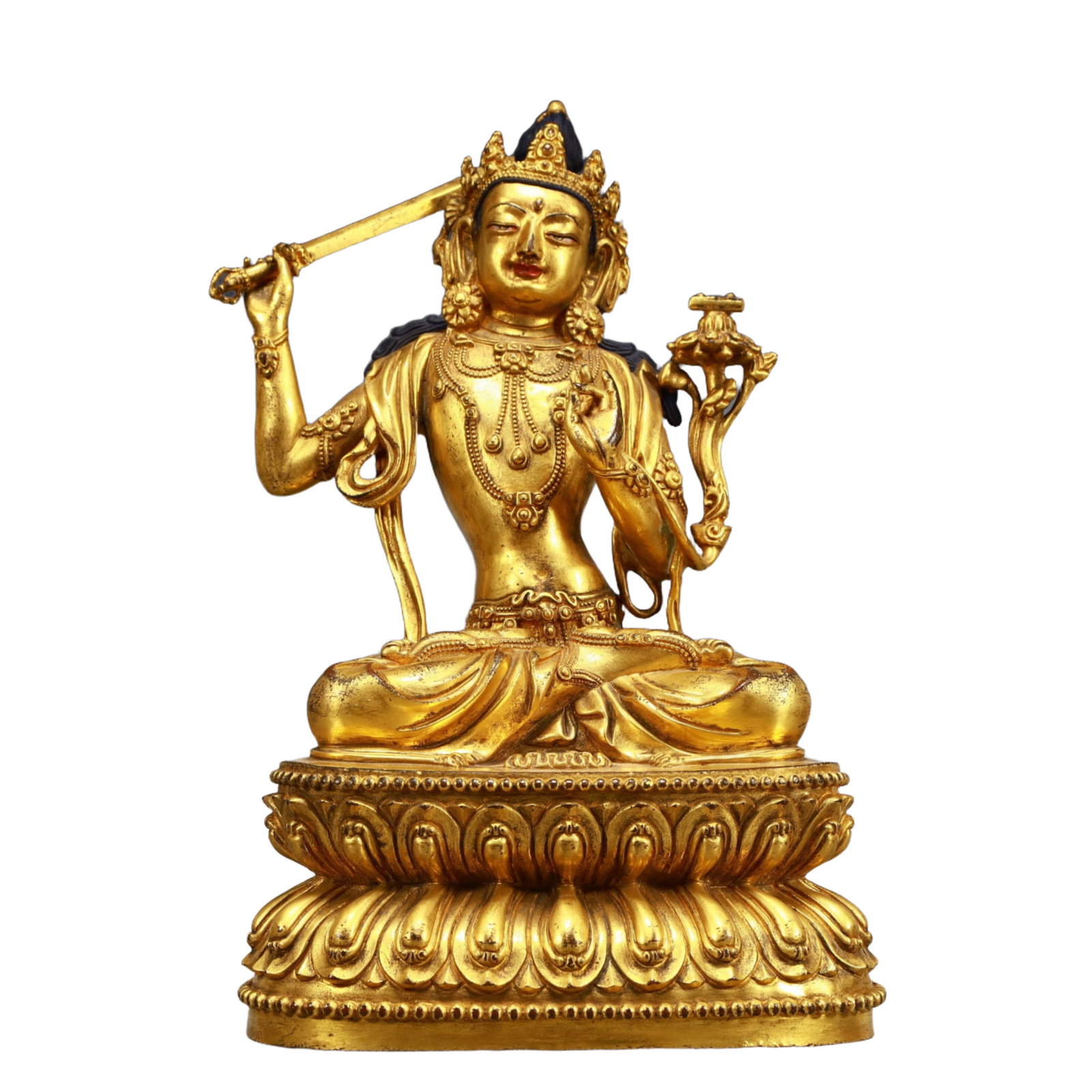 A Solemn Gilt Bronze Statue of Manjusri: A Solemn Gilt Bronze Statue of Manjusri,Ming Dynasty, China, Yongle Six-character Mark,Size:8.3inx5.7inx13.2in,Weight:4950g 铜鎏金文殊菩萨像,中