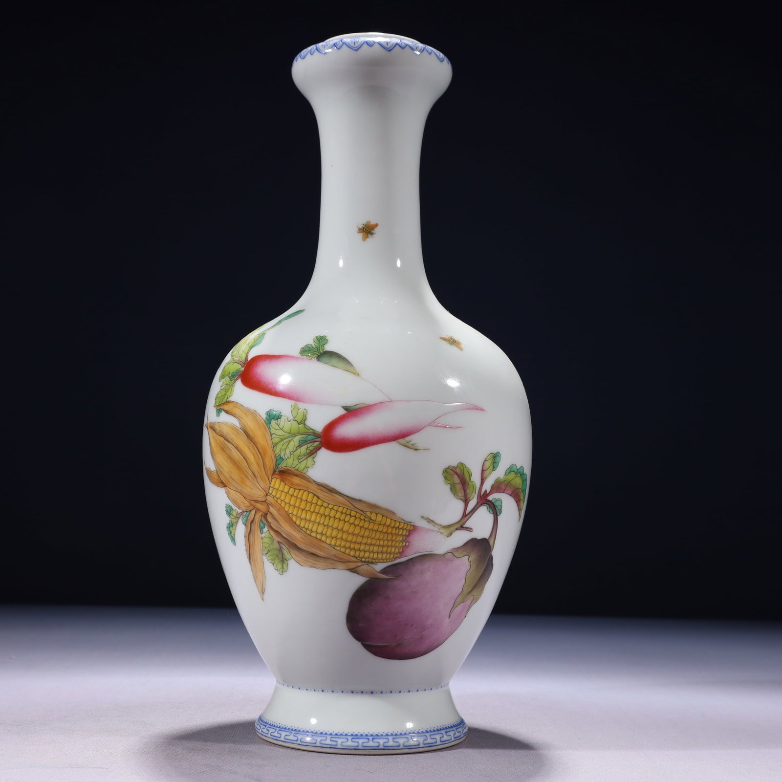 An Exquisite Famille-Rose Vegetables and Fruits Pattern Vase,with poem: An Exquisite Famille-Rose Vegetables and Fruits Pattern Vase,with poem,Qing Dynasty,China,Qianlong Six-character Mark,Size:5.5inx13.4in,Weight:1450g 粉彩蔬果纹瓶,&#