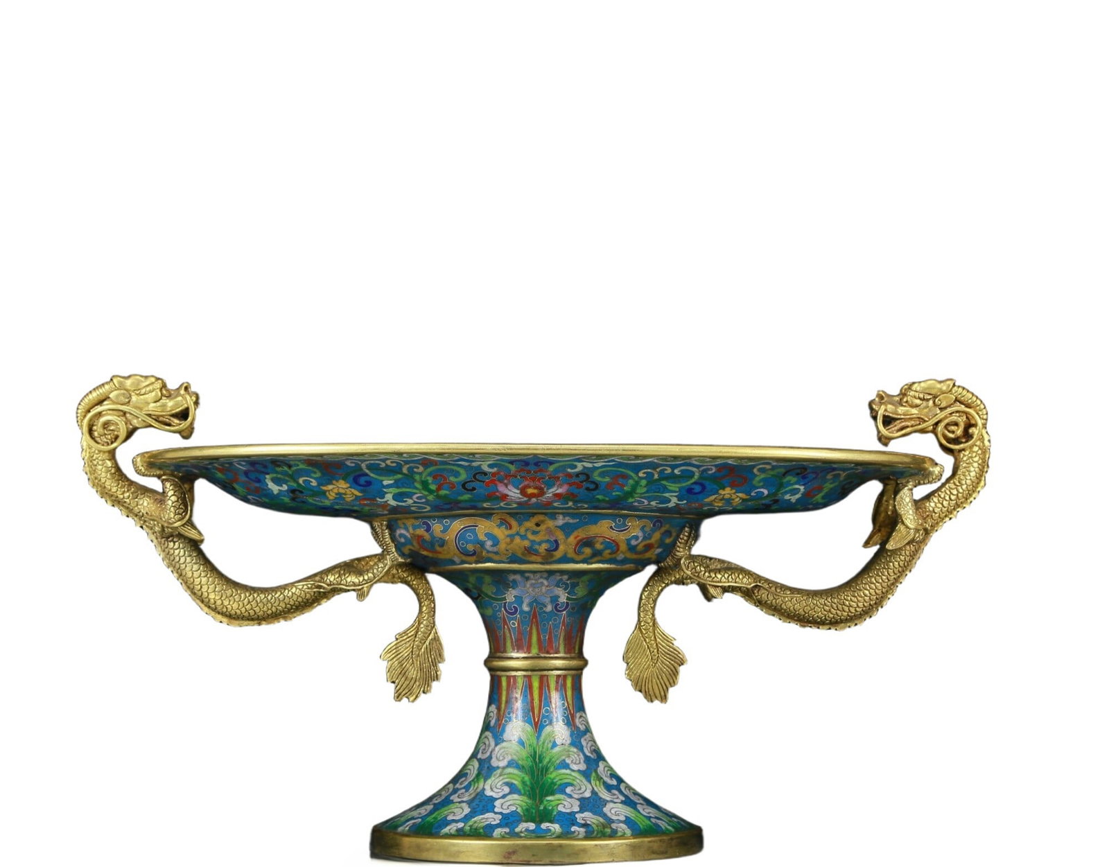 A Huge Cloisonne Lotus Pattern Dragon-Ears Plate: A Huge Cloisonne Lotus Pattern Dragon-Ears Plate，Qing Dynasty, China，Qianlong Four-character Mark，Size:16.1inx8.3inx8.5in，Weight:6.40kg 景泰蓝缠
