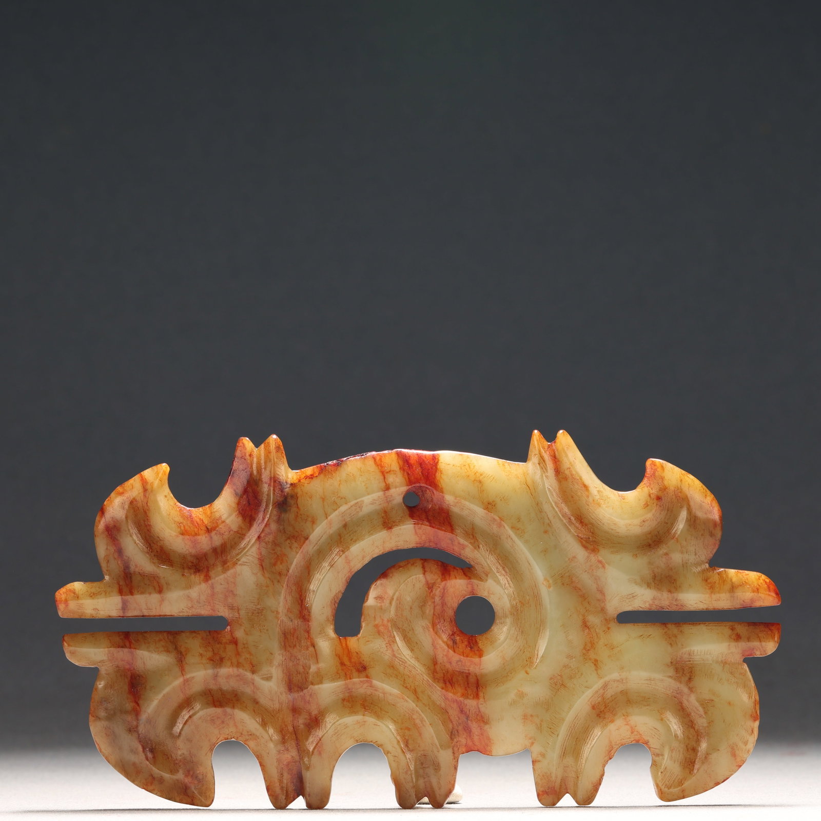 Hongshan Culture White Jade Auspicious Cloud Pattern Ornament: Hongshan Culture White Jade Auspicious Cloud Pattern Ornament, Ancient Time, China, Size:6.5inx3.3in 红山文化白玉祥云纹摆件, 远&