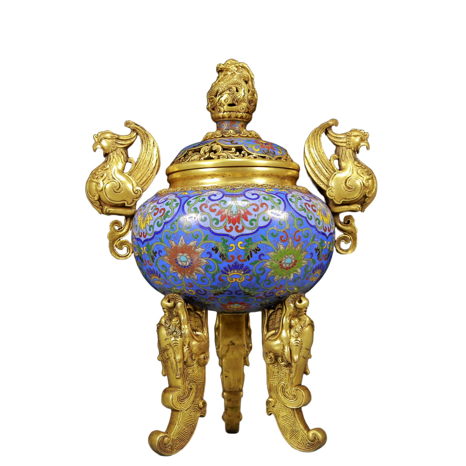 A Rare Cloisonne Lotus Pattern Phoenix-Ears Tripod Censer: A Rare Cloisonne Lotus Pattern Phoenix-Ears Tripod Censer,Qing Dynasty, China,Qianlong Four-character Mark,Size:9.1inx5.5inx12.2in,Weight:3585g