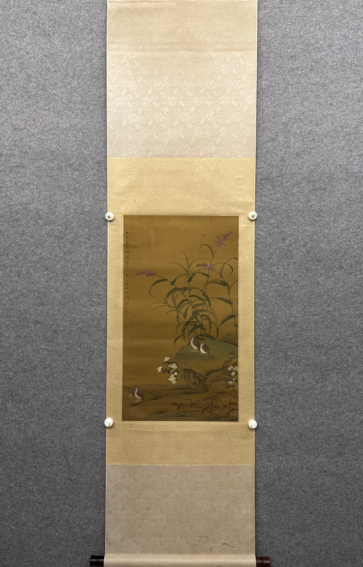 A Chinese Vertical Scroll Ink Painting of Flower and Bird on Silk: A Chinese Vertical Scroll Ink Painting of Flower and Bird on Silk,Qu Zhaolin,Size:28.3inx15.7in 一幅中国水墨绢本花鸟画立轴