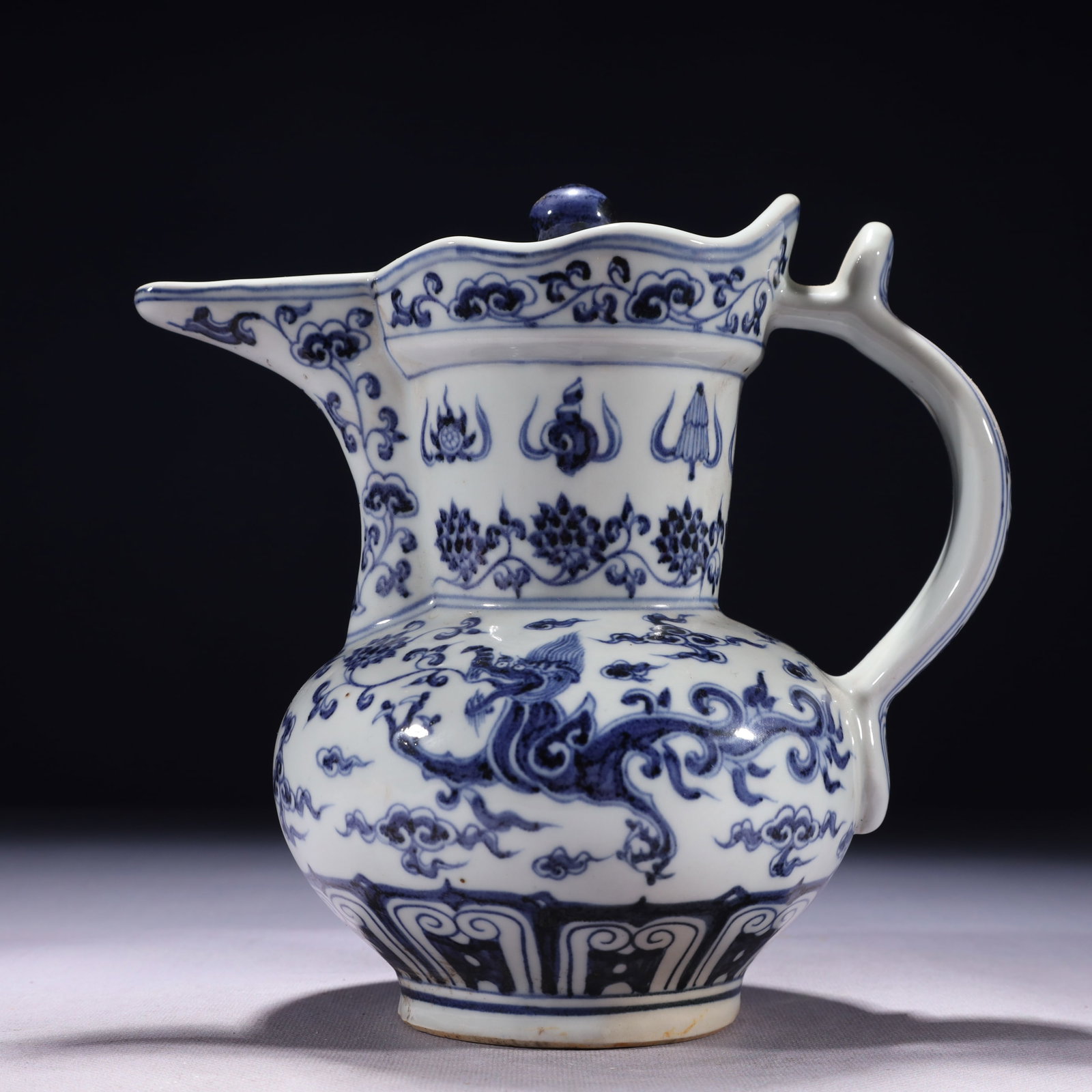 An Exquisite Blue and White Auspicious Cloud and Dragon Pattern Pot: An Exquisite Blue and White Auspicious Cloud and Dragon Pattern Pot,Ming Dynasty,China,Xuande Six-character Mark,Size:8.7inx5.5inx8.3in,Weight:1450g 青花祥云龙纹