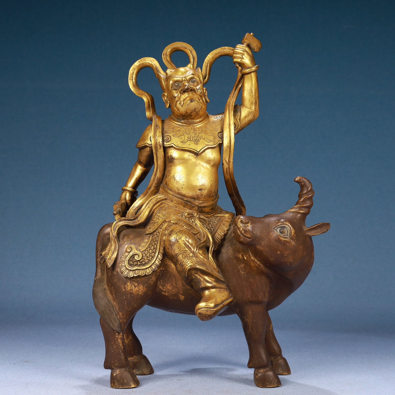 A Solemn Gilt Bronze Statue of Dharma Protector Rides the Unicorn: A Solemn Gilt Bronze Statue of Dharma Protector Rides the Unicorn,Qing Dynasty, China,Size:7.9inx5.5inx13in,Weight:5000g
