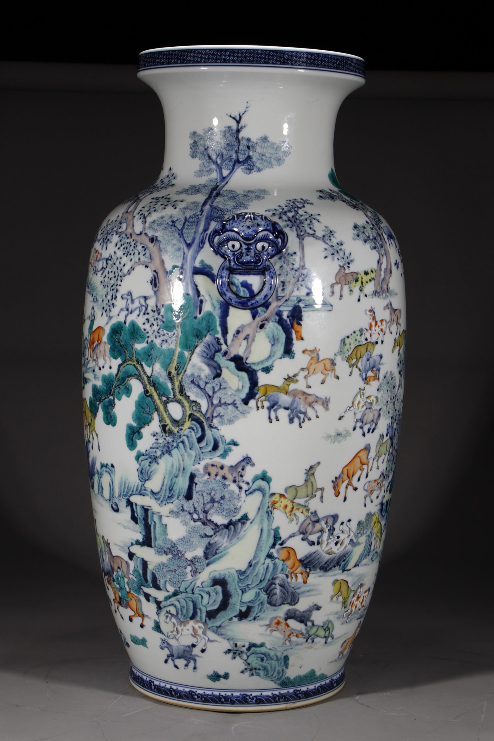 A Huge Blue and White Doucai Character and Story Pattern Beast-Ears Vase: A Huge Blue and White Doucai Character and Story Pattern Beast-Ears Vase,Qing Dynasty,China,Qianlong Six-character Mark,Size:33.8in