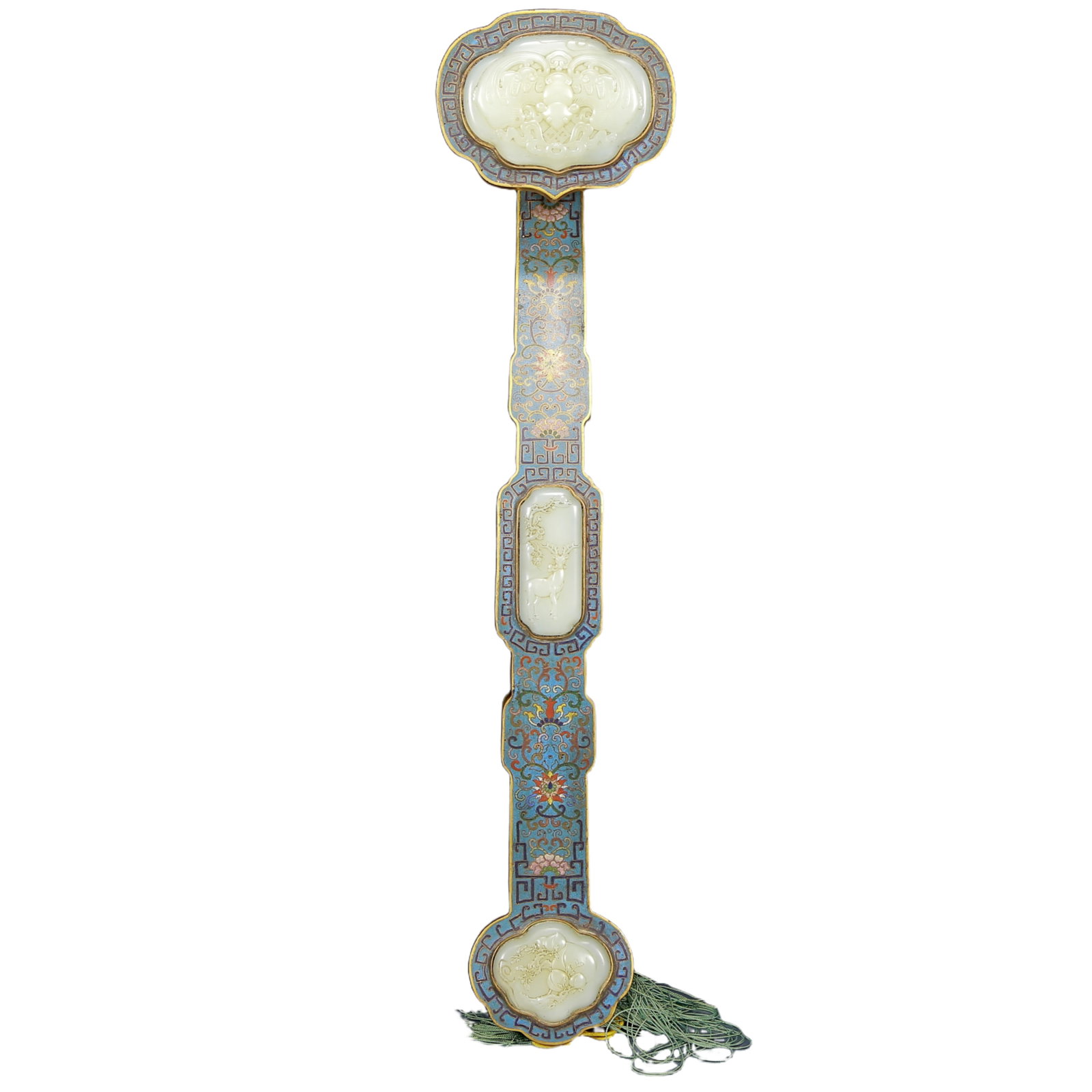 A Huge Cloisonne Inlaid White Jade Bats and Peach Pattern Ruyi: A Huge Cloisonne Inlaid White Jade Bats and Peach Pattern Ruyi,Qing Dynasty, China,Qianlong Four-character Mark,Size:18.9inx4.3inx2.8in,Weight:1110g 景泰蓝嵌白玉