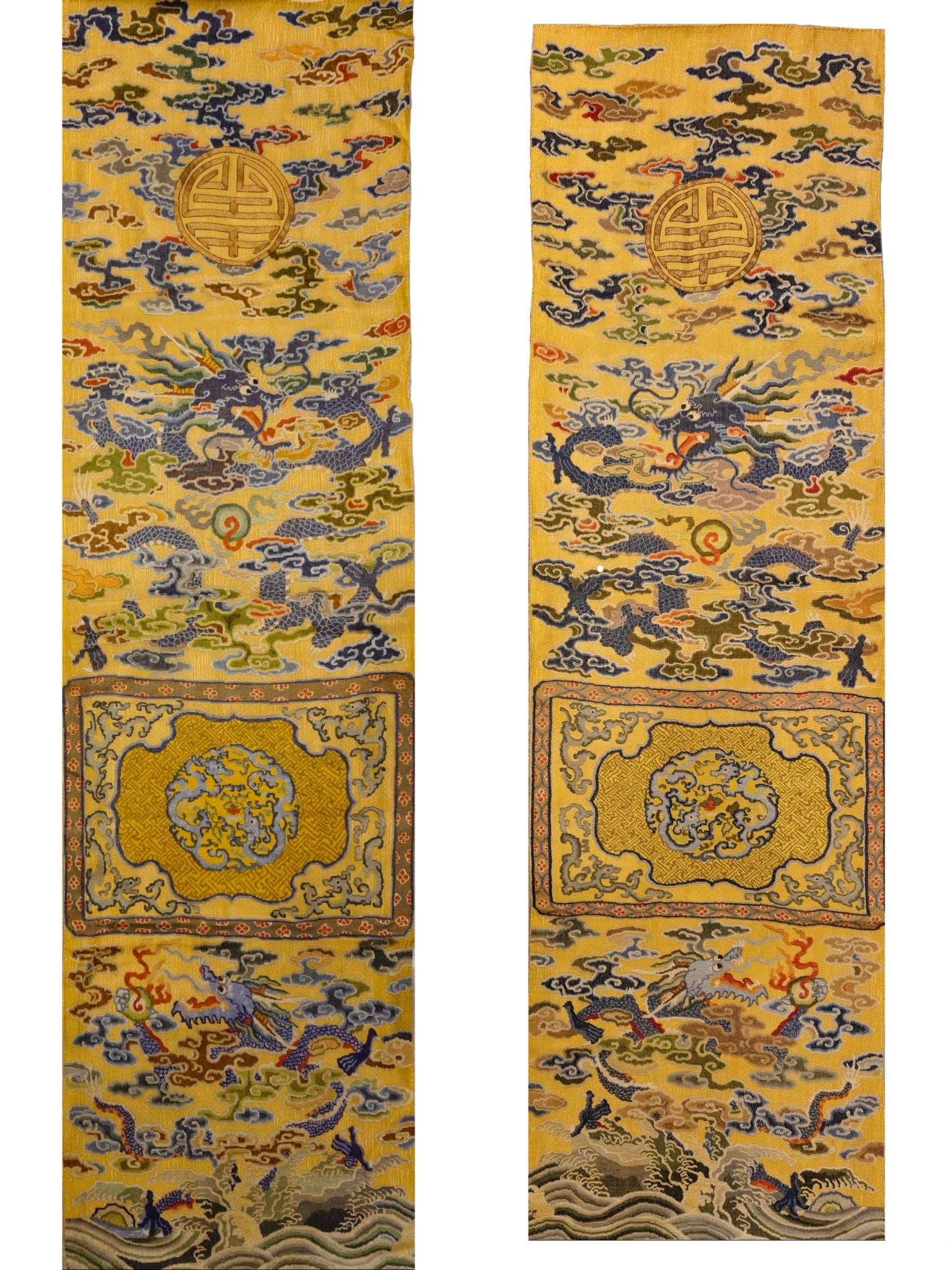 A pair of exquisite Nasha embroidered auspicious clouds and dragon patterns: A pair of exquisite Nasha embroidered auspicious clouds and dragon patterns, Qing Dynasty, China, embroidery technology used needles and threads on fabrics to embroider various exquisite patterns and 