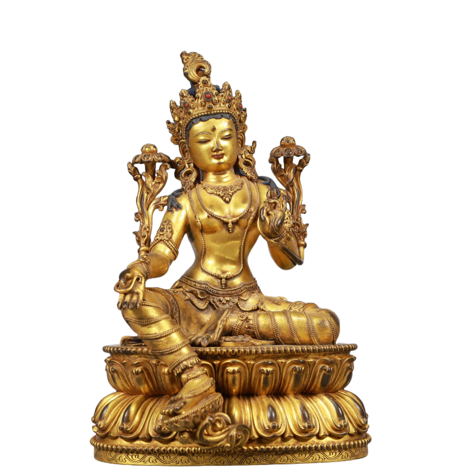 A Solemn Gilt Bronze Statue of Tara, Inlaid Gems: A Solemn Gilt Bronze Statue of Tara, Inlaid Gems, Qing Dynasty, China, Qianlong Mark, Size:7.9inx6.7inx12in, Weight:3400g 铜鎏金度母像,嵌宝石,