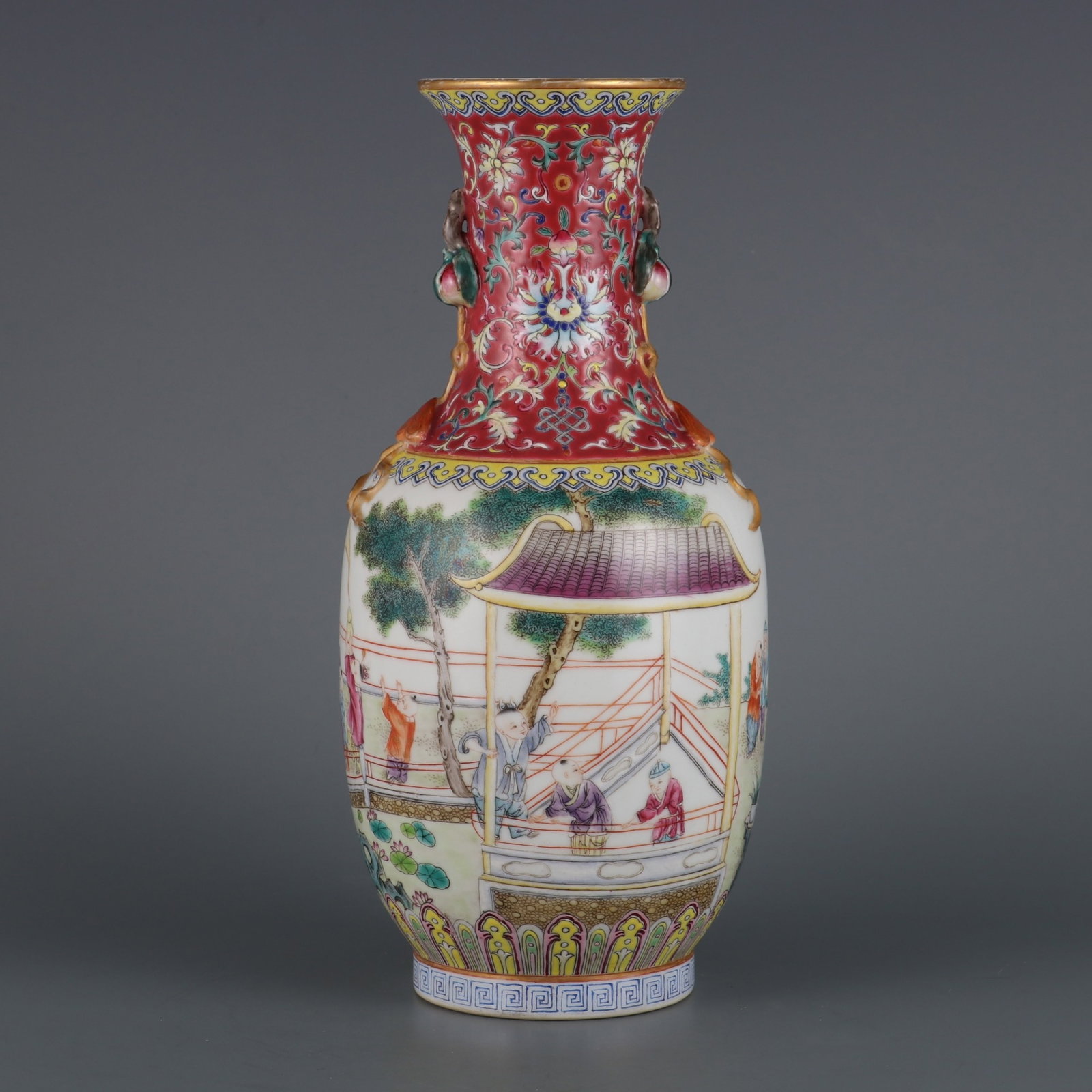 An Exquisite Famille-Rose Painted Gold Character and Story Pattern Double-Ears Vase: An Exquisite Famille-Rose Painted Gold Character and Story Pattern Double-Ears Vase,Qing Dynasty,China,Qianlong Six-character Mark,Size:10.4inx3in 粉彩描金人物ă