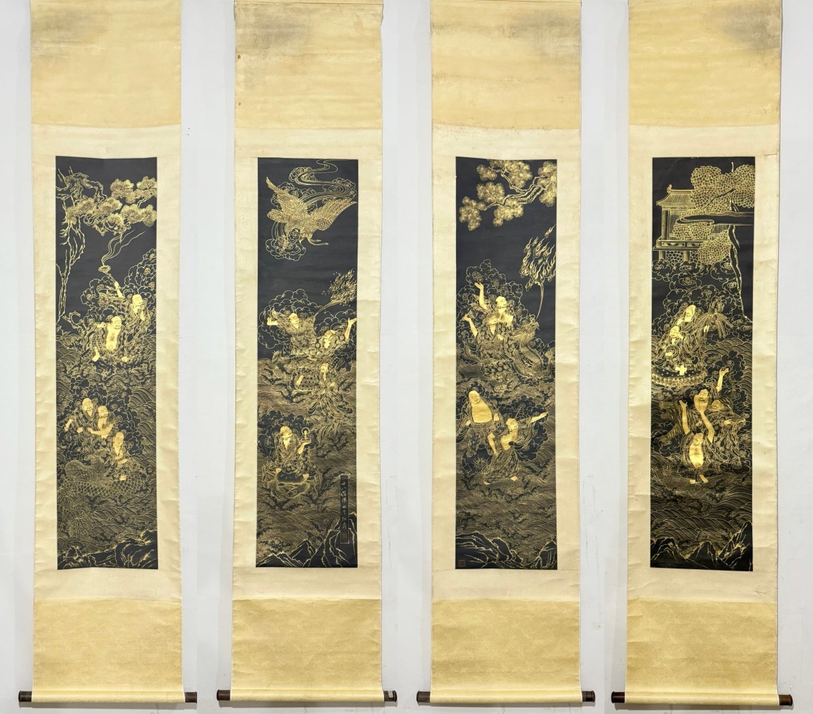 A Set of Chinese Vertical Scroll Ink Painting of Character and Story on Paper: A Set of Chinese Vertical Scroll Ink Painting of Character and Story on Paper,Zhang Daqian,Size:(entirety)19.3inx90.6in,(Without frame)13inx52.4in 一套中国水墨É