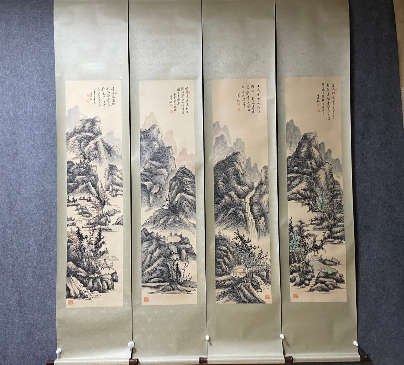 A Set of Chinese Vertical Scroll Ink Painting of Landscape on Paper: A Set of Chinese Vertical Scroll Ink Painting of Landscape on Paper,Huang Binhong,Size:53.9inx13.4in*4s