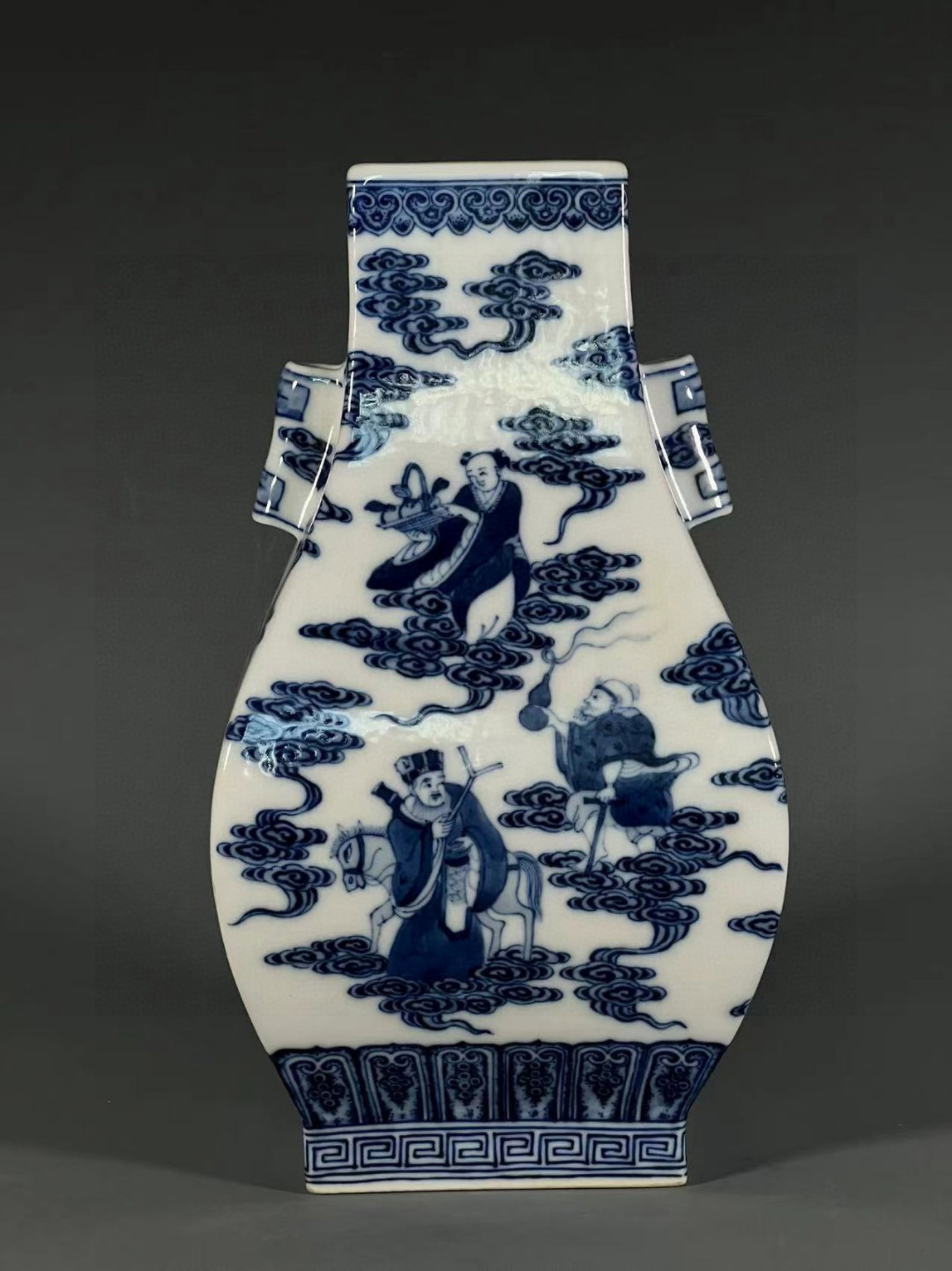 An Exquisite Blue and White Character and Story Pattern Double-Ears Vase: An Exquisite Blue and White Character and Story Pattern Double-Ears Vase,Qing Dynasty,China,Qianlong Six-character Mark,Size:10.4inx3.9in