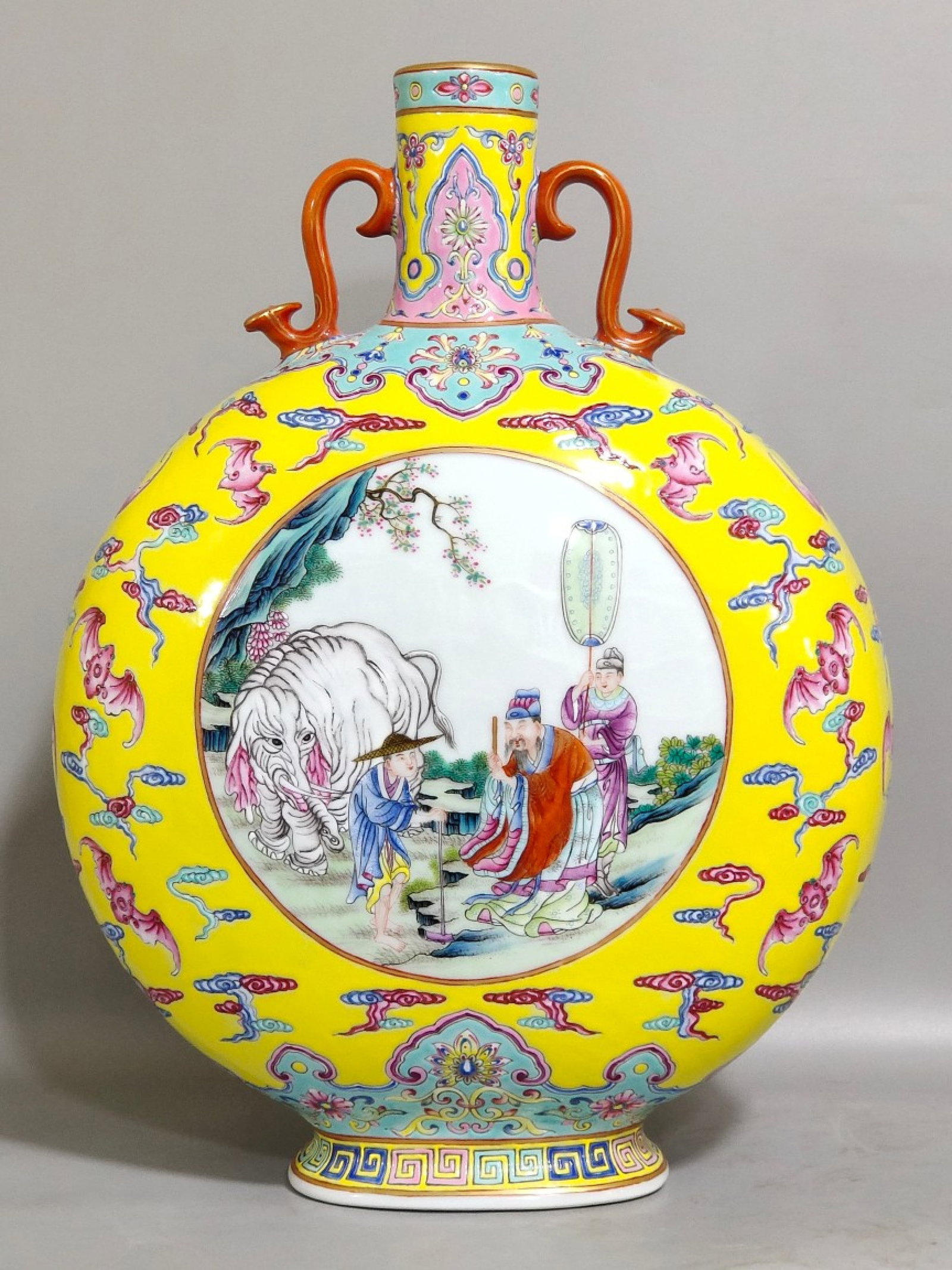 A Rare Yellow Glazed Famille-Rose Painted Gold Character and Story Pattern Double-Ears Vase: A Rare Yellow Glazed Famille-Rose Painted Gold Character and Story Pattern Double-Ears Vase,Qing Dynasty,China,Qianlong Six-character Mark,Size:13.4inx9.6in 黄釉粉彩描