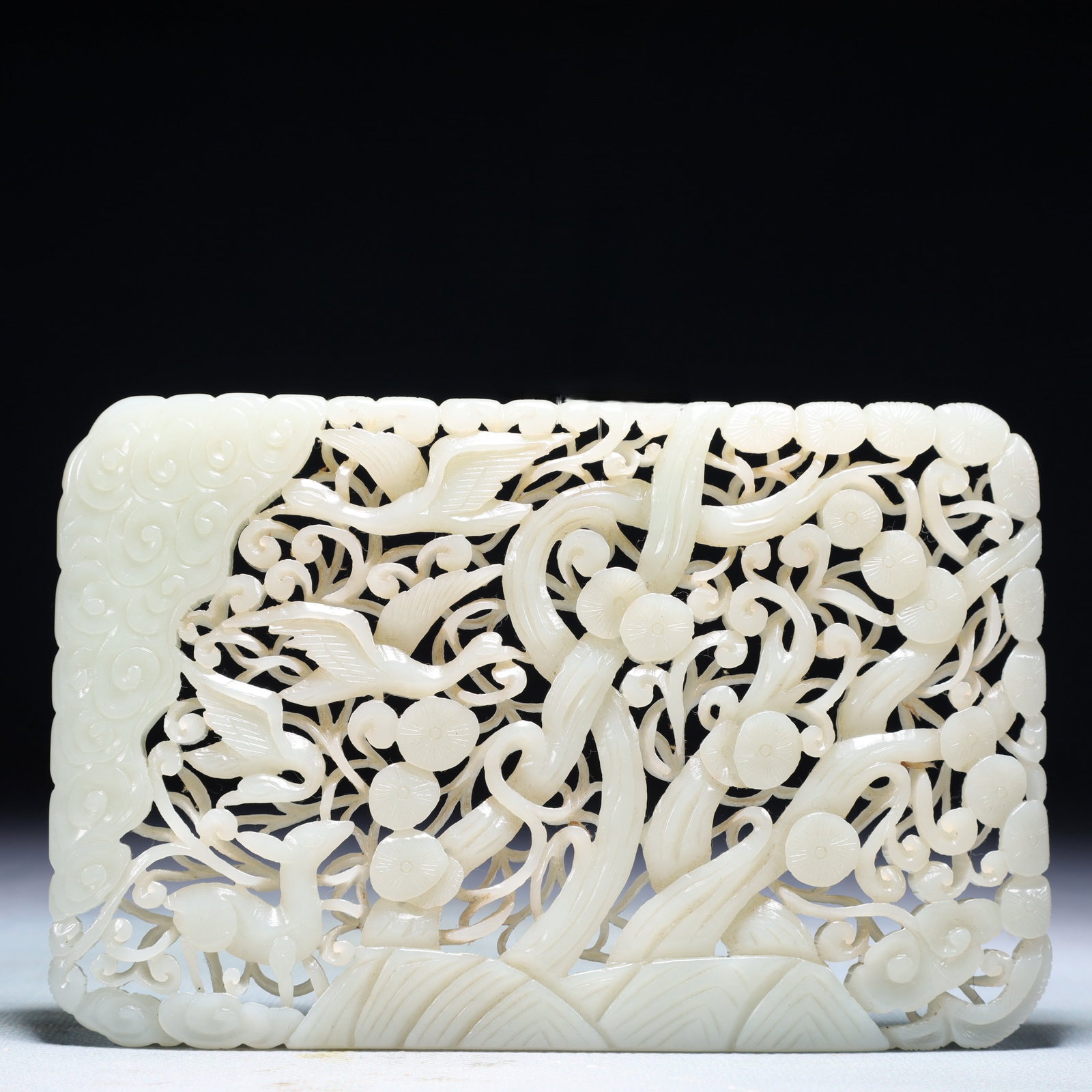 An Exquisite White Jade Pine and Crane Pattern Pendant: An Exquisite White Jade Pine and Crane Pattern Pendant,Qing Dynasty,China,Size:5.9inx3.9in,Weight:195.4g 白玉松鹤纹佩,中国清代