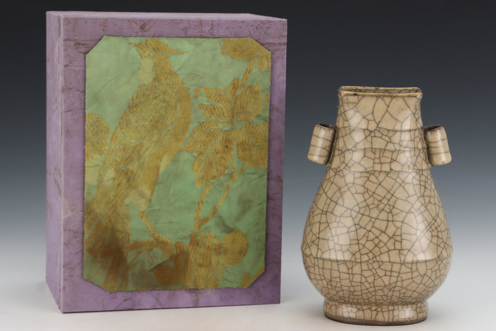 An Exquisite Ge yao Yellow Glazed Painted Gold Double-Ears Vase,with an Imperial Poem by Emperor: An Exquisite Ge yao Yellow Glazed Painted Gold Double-Ears Vase,with an Imperial Poem by Emperor Qianlong,Song Dynasty,China,Size:9.3inx6.1in