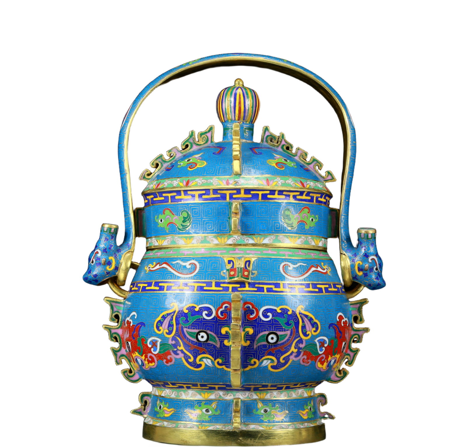 A Rare Cloisonne Beast-Face Pattern Pot with Cover: A Rare Cloisonne Beast-Face Pattern Pot with Cover，Qing Dynasty, China，Qianlong Four-character Mark，Size:11.4inx8.3inx14.6in，Weight:7.90kg 景泰蓝兽&