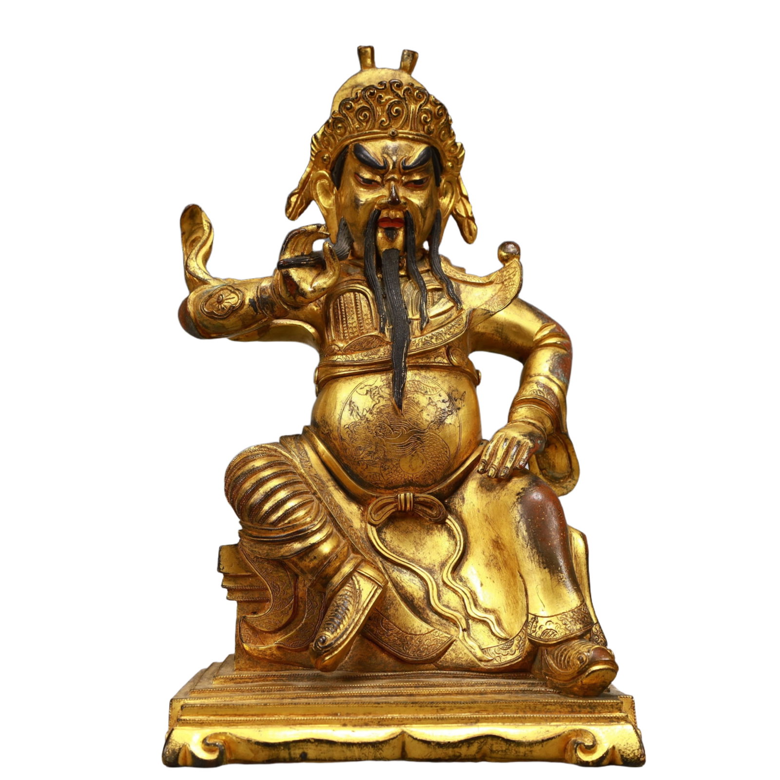 A Solemn Gilt Bronze Statue of ??Guan Gong': A Solemn Gilt Bronze Statue of ‘Guan Gong',Ming Dynasty, China,Size:5.5inx3.7inx9.3in,Weight:3300g 铜鎏金关公像,中国明代