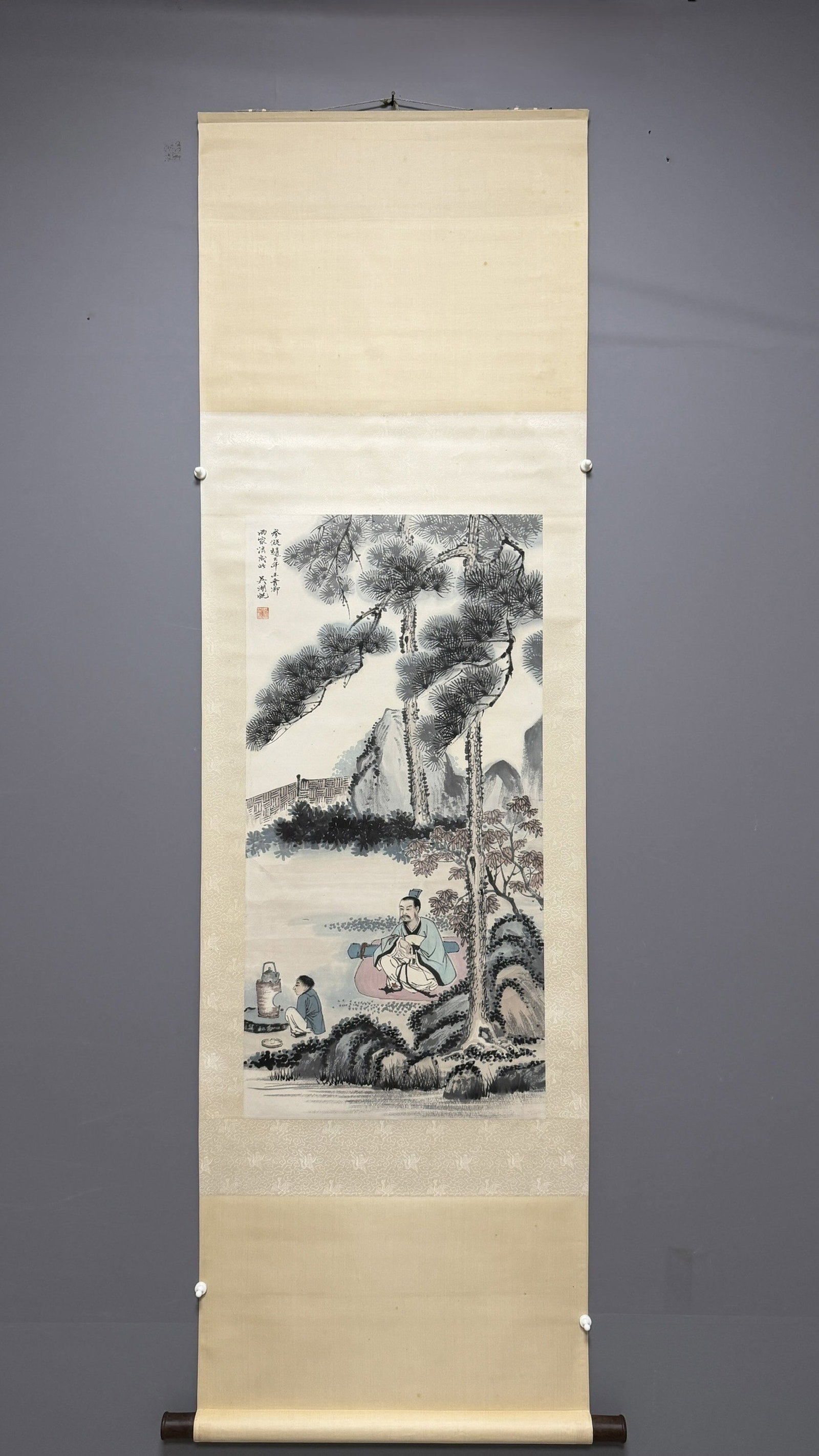 A Chinese Vertical Scroll Ink Painting of Landscape and Figure on Paper: A Chinese Vertical Scroll Ink Painting of Landscape and Figure on Paper,Wu Hufan,Size:39.4inx19.7in