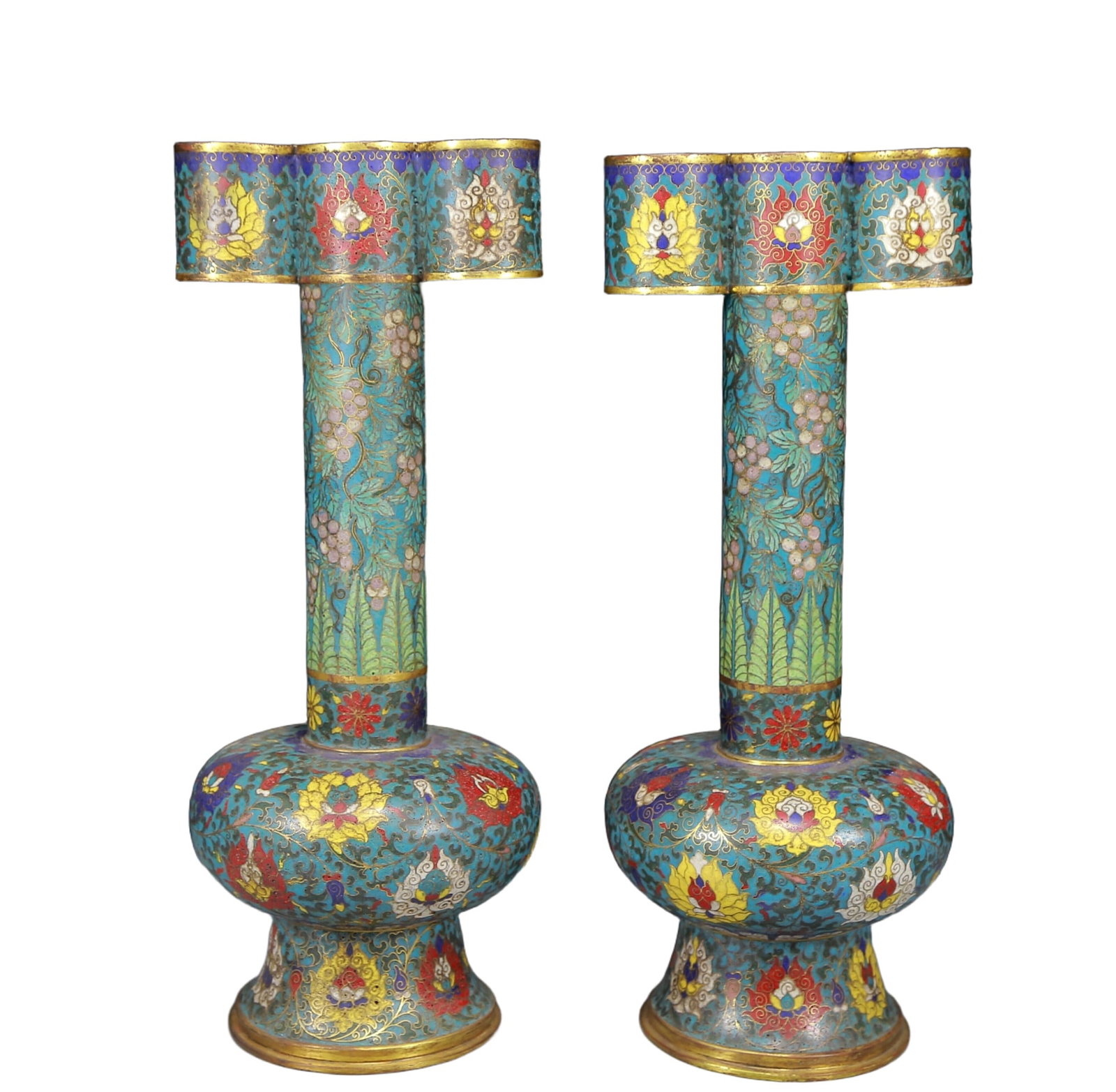 A Pair of Huge Cloisonne Lotus and Grapes Pattern Vases: A Pair of Huge Cloisonne Lotus and Grapes Pattern Vases,Ming Dynasty, China,Jingtai Four-character Mark,Size:7.1inx6.3inx17.5in,Total Weight:4940g