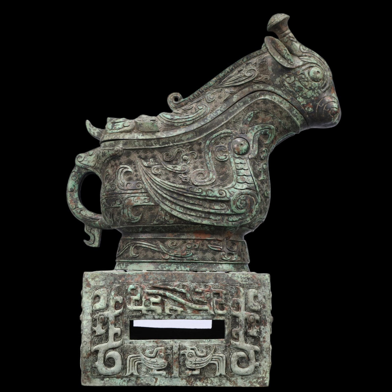 A Rare Bronze Auspicious Bird Pattern Ewer with Cover ,With Inscription: A Rare Bronze Auspicious Bird Pattern Ewer with Cover ,With Inscription,Ancient Time, China,Size:9.8inx5.3inx13.8in ;Weight:5600g 青铜神鸟纹执壶带௢
