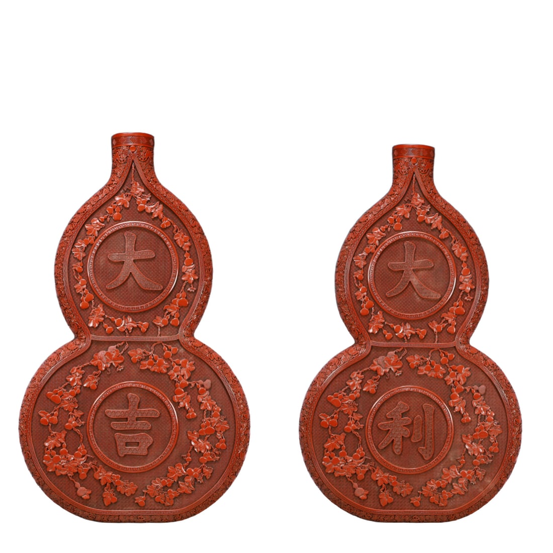 A Pair of Huge Carved Red Lacquer Gourd-Shaped Hanging Panels,with an Imperial Poem by Emperor (1 of 12)