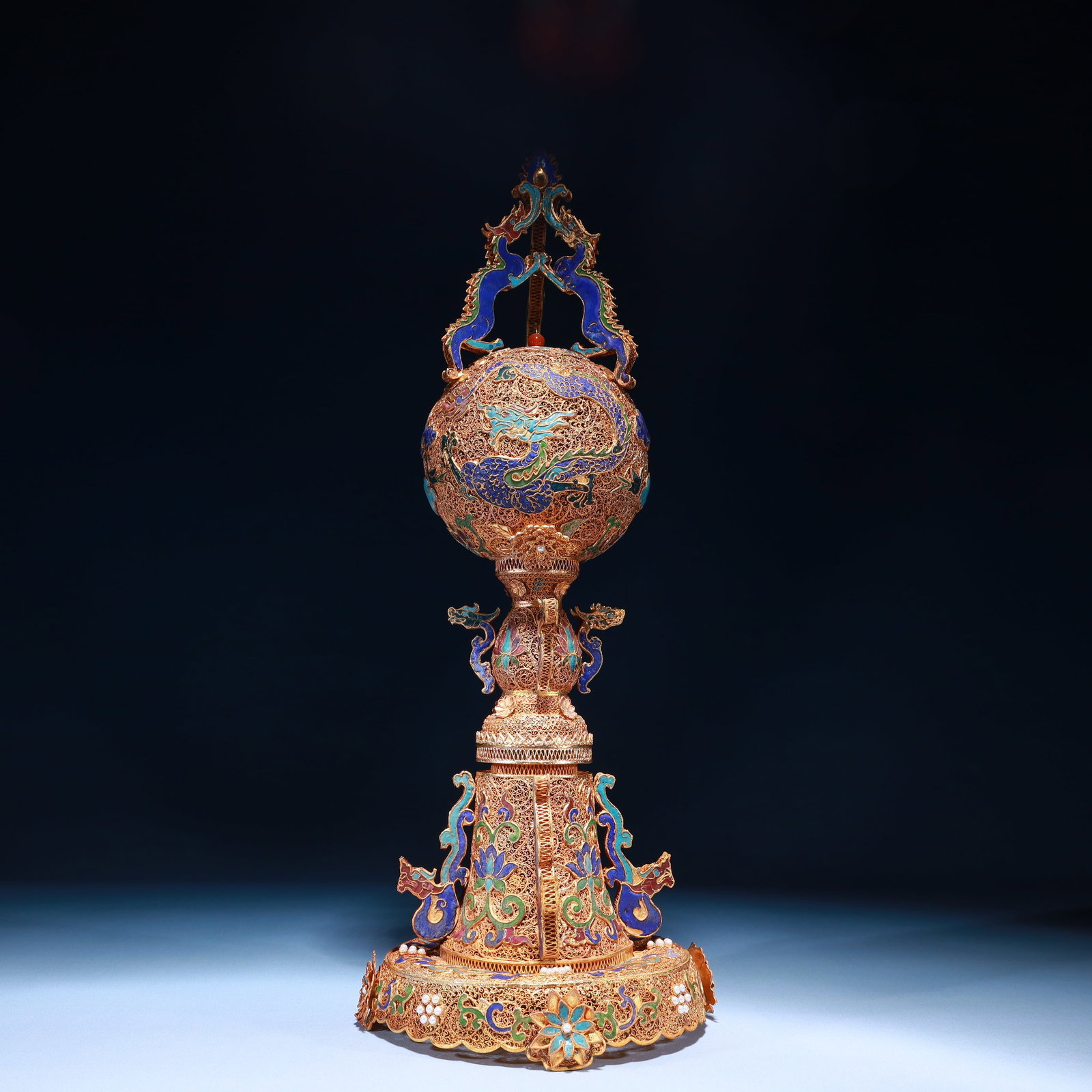 An Exquisite Filigree and Gilding Lotus and Dragon Pattern Ornament,Inlaid Pearl: An Exquisite Filigree and Gilding Lotus and Dragon Pattern Ornament,Inlaid Pearl,Qing Dynasty,China,Qianlong Four-character Mark,Size:7.5inx21.3in,Weight:1550g 掐丝鎏金缠