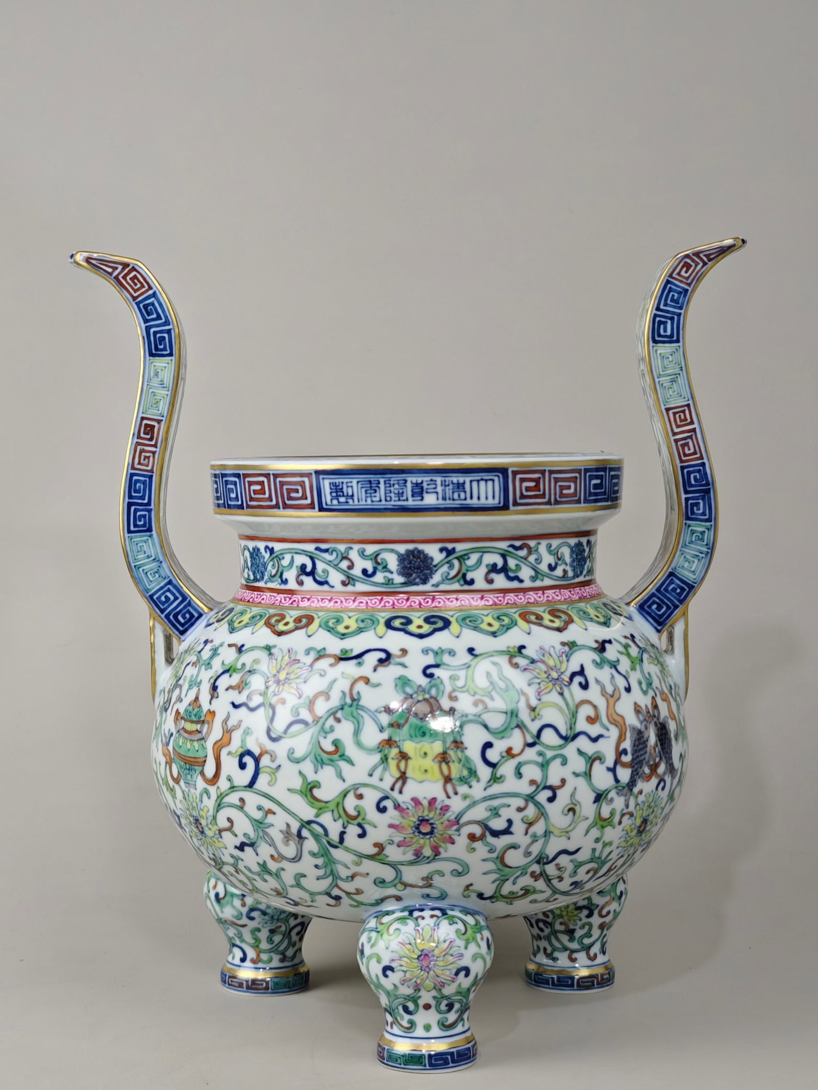 A Rare Doucai Eight Treasures Pattern Double-Ears and Tripod Censer: A Rare Doucai Eight Treasures Pattern Double-Ears and Tripod Censer,Qing Dynasty,China,Qianlong Six-character Mark,Size:12.2inx10.6in 斗彩八宝纹双耳三&#