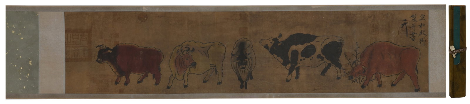 A Chinese Hand Scroll Ink Painting of Buffalo on Paper: A Chinese Hand Scroll Ink Painting of Buffalo on Paper,Song Huizong,Size:52.8inx11.4in 一幅中国水墨牛画手卷,宋徽宗