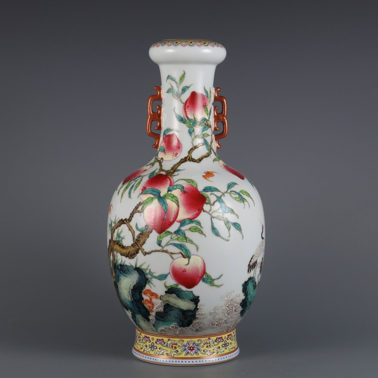 A Rare Famille-Rose Bats and Peach Pattern Double-Ears Vase,with poem: A Rare Famille-Rose Bats and Peach Pattern Double-Ears Vase,with poem,Qing Dynasty,China,Qianlong Six-character Mark,Size:13.8inx6.5in 粉彩福寿纹双耳瓶,
