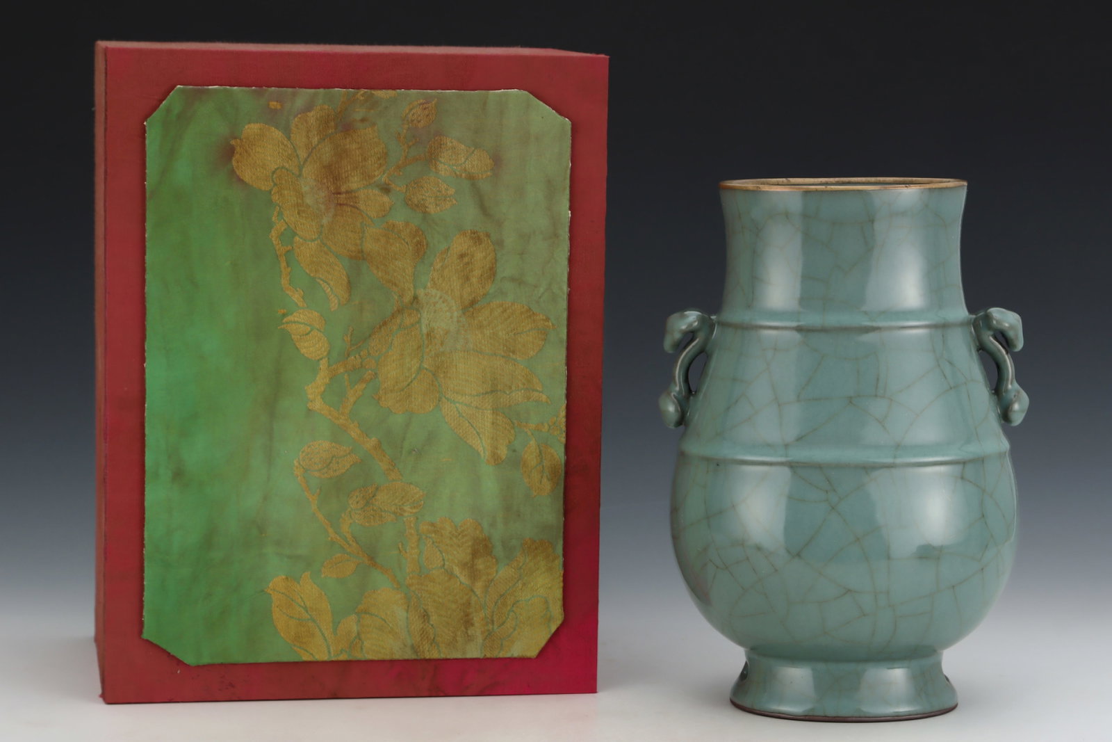 An Exquisite Guan yao Celadon Glazed Painted Gold Double-Ears Vase,with an Imperial Poem by Emperor: An Exquisite Guan yao Celadon Glazed Painted Gold Double-Ears Vase,with an Imperial Poem by Emperor Qianlong,Song Dynasty,China,Size:11inx7.7in