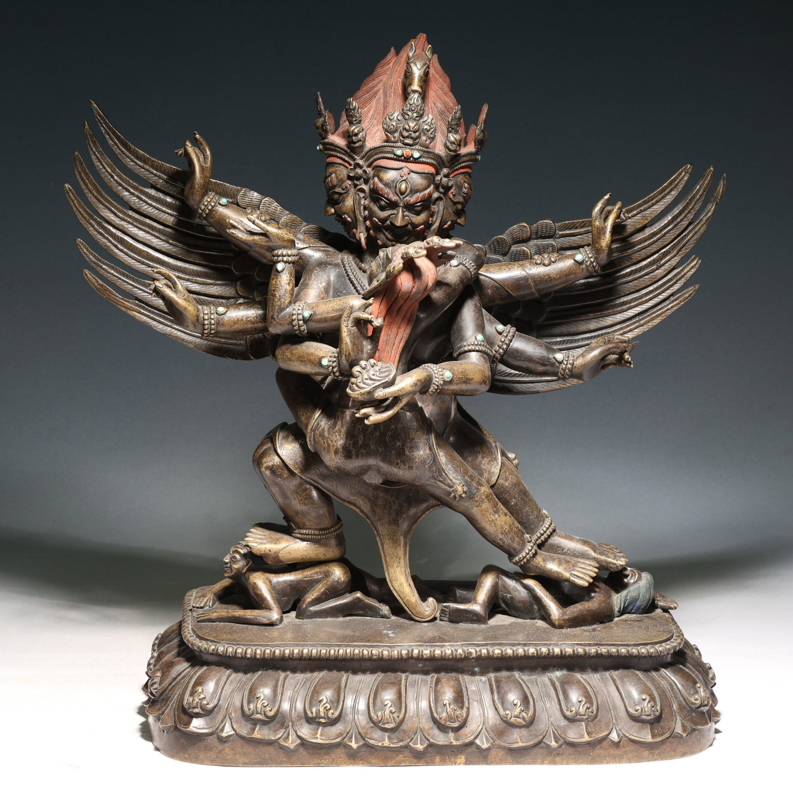 A Solemn Bronze Statue of Chakrasamvara,Inlaid Turquoise: A Solemn Bronze Statue of Chakrasamvara,Inlaid Turquoise,Qing Dynasty, China,Size:16.9inx7.9inx20.9in,Weight:20950g 铜胜乐金刚像,嵌绿松石,&#