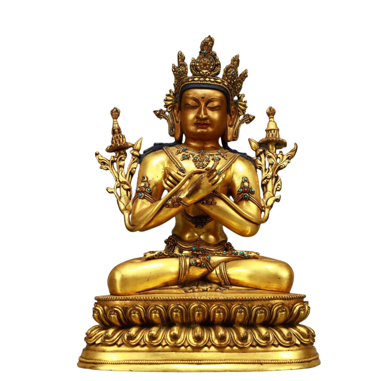 A Solemn Gilt Bronze Statue of Bodhisattva,Inlaid Turquoise,With Inscription: A Solemn Gilt Bronze Statue of Bodhisattva,Inlaid Turquoise,With Inscription,Ming Dynasty, China,Size:8.3inx5.5inx14in,Weight:5750g