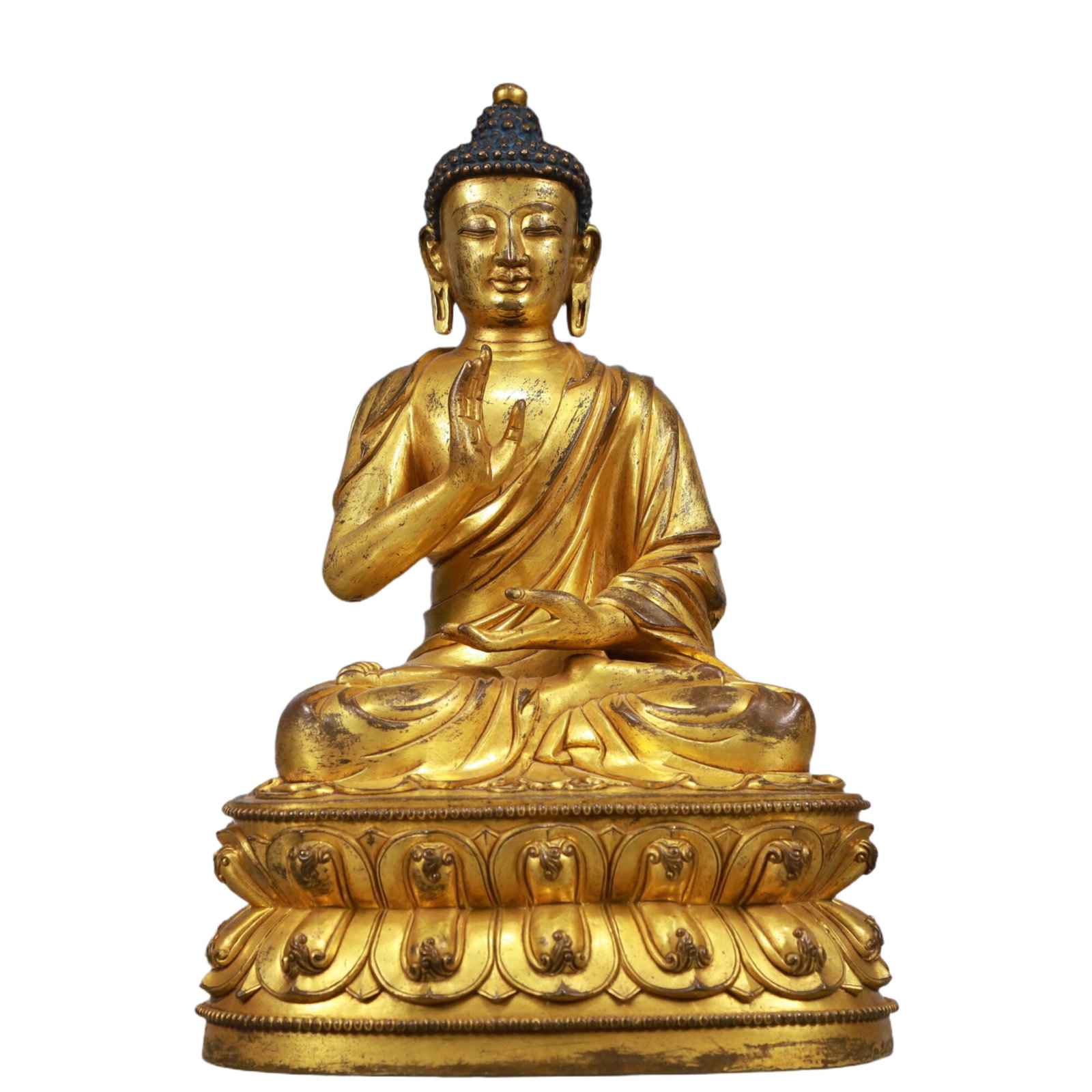 A Solemn Gilt Bronze Statue of Sakyamuni: A Solemn Gilt Bronze Statue of Sakyamuni, Ming Dynasty, China, Xuande Six-character Mark, Size:7.9inx7.1inx13.4in, Weight:5650g