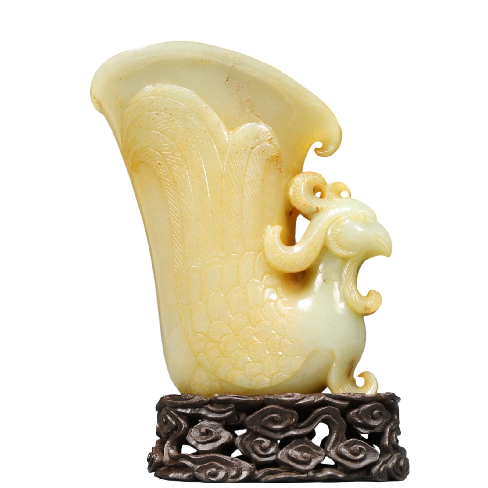 A Precious Yellow Jade Phoenix Shaped Goblet: A Precious Yellow Jade Phoenix Shaped Goblet,Qing Dynasty, China,Size:4.7inx3.1inx7.1in Weight:600g 黄玉凤型爵杯,中国清代