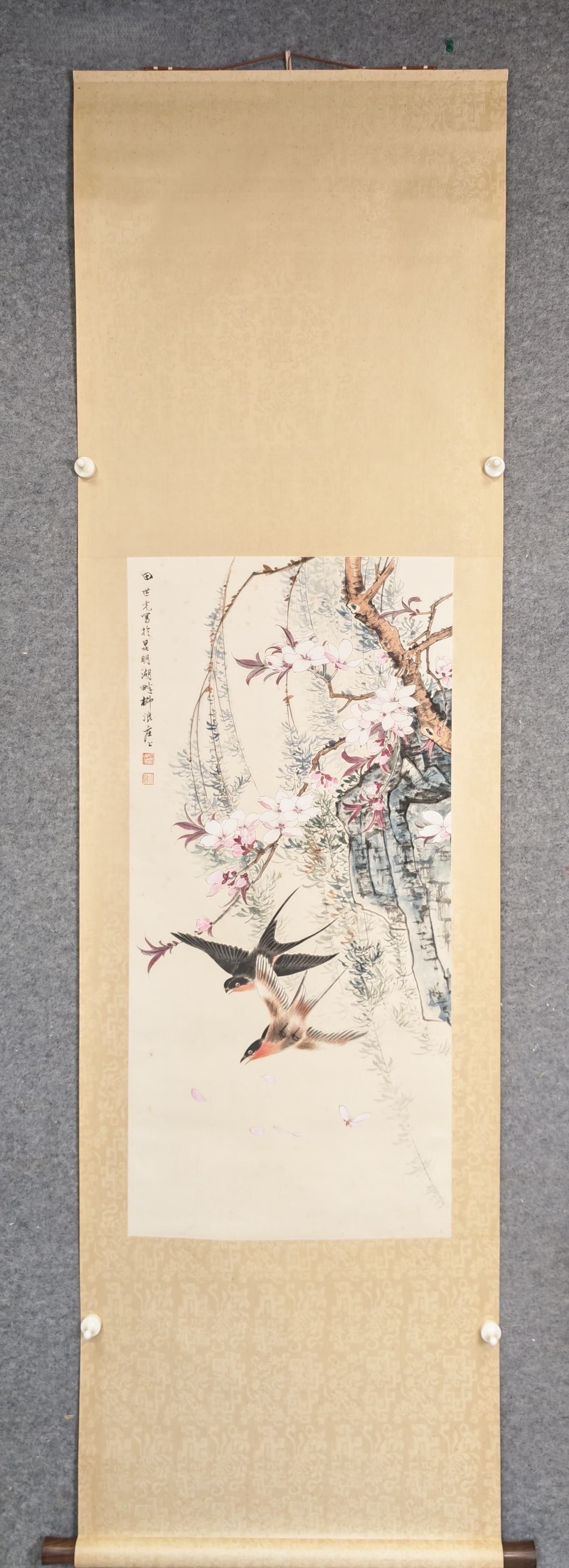A Chinese Vertical Scroll Ink Painting of Flower and Bird on Paper: A Chinese Vertical Scroll Ink Painting of Flower and Bird on Paper,Tian Shiguang,Size:18.5inx39.4in 一幅中国水墨花鸟画立轴,田