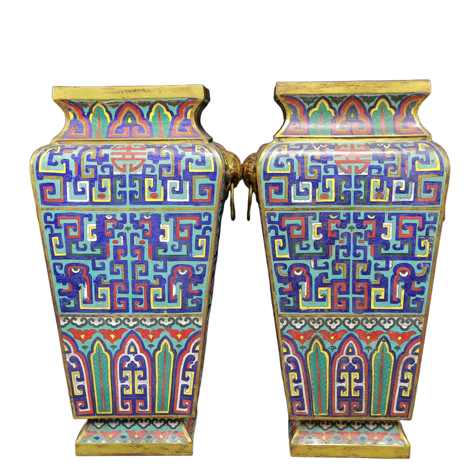 A Pair of Huge Cloisonne Dragon Pattern Double-Ears Vases: A Pair of Huge Cloisonne Dragon Pattern Double-Ears Vases,Qing Dynasty, China,Qianlong Four-character Mark,Size:9.8inx16.5in,Total Weight:12100g