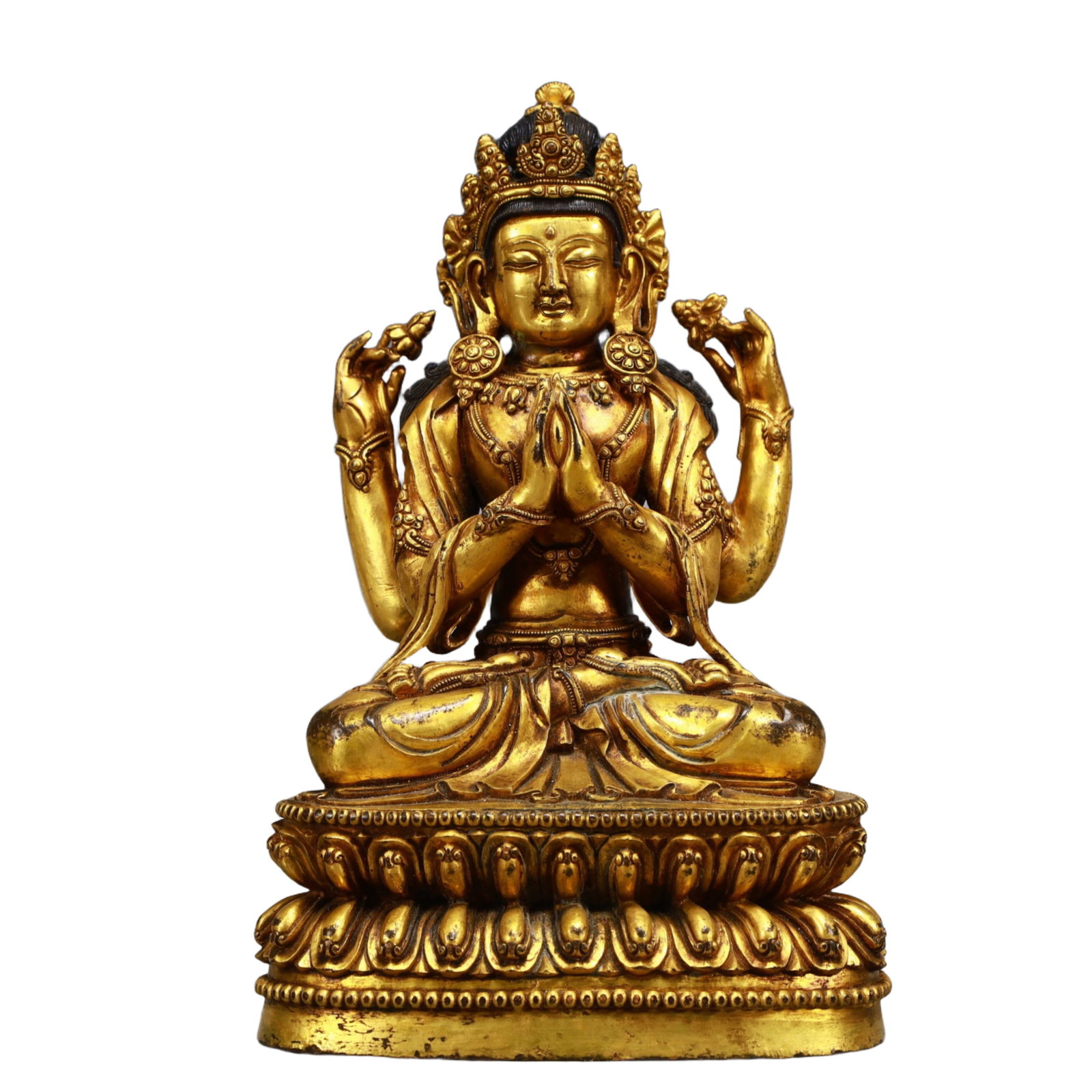A Solemn Gilt Bronze Statue of Four-arms Guanyin: A Solemn Gilt Bronze Statue of Four-arms Guanyin,Ming Dynasty, China,Yongle Six-character Mark,Size:6.3inx4.7inx10.2in,Weight:4300g