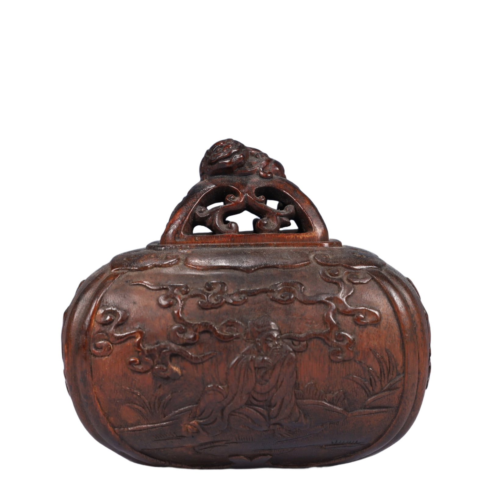 An Exquisite Redwood Gourd and Figure Pattern Censer: An Exquisite Redwood Gourd and Figure Pattern Censer,Qing Dynasty, China,Size:4.7inx3.9inx5.1in,Weight:250g 沉香木葫芦人物纹香炉,中