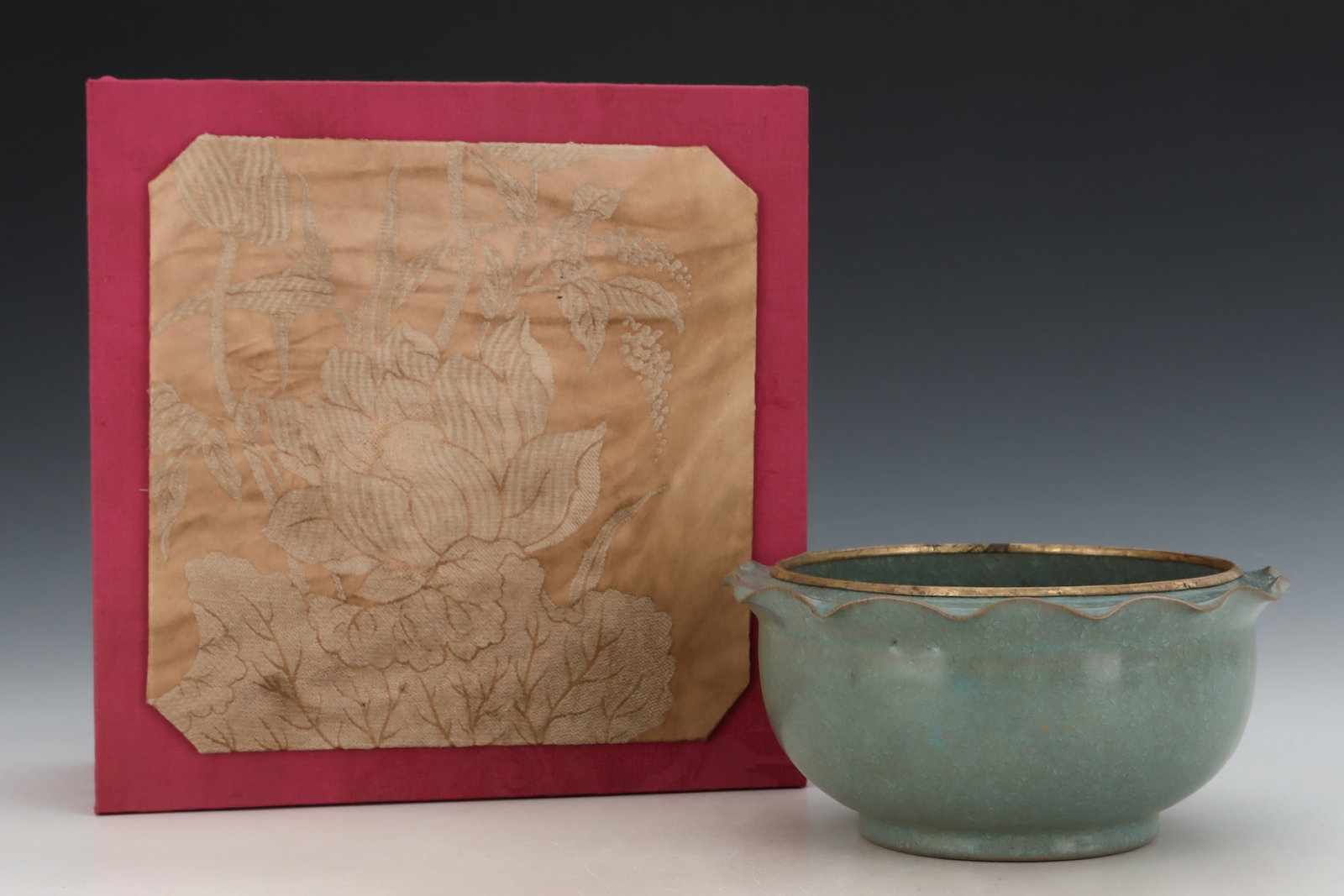An Exquisite Ru yao Sky Blue Glazed Painted Gold Brush Washer,with an Imperial Poem by Emperor: An Exquisite Ru yao Sky Blue Glazed Painted Gold Brush Washer,with an Imperial Poem by Emperor Qianlong,Song Dynasty,China,Size:3.5inx7.4in 汝窑天蓝釉描金